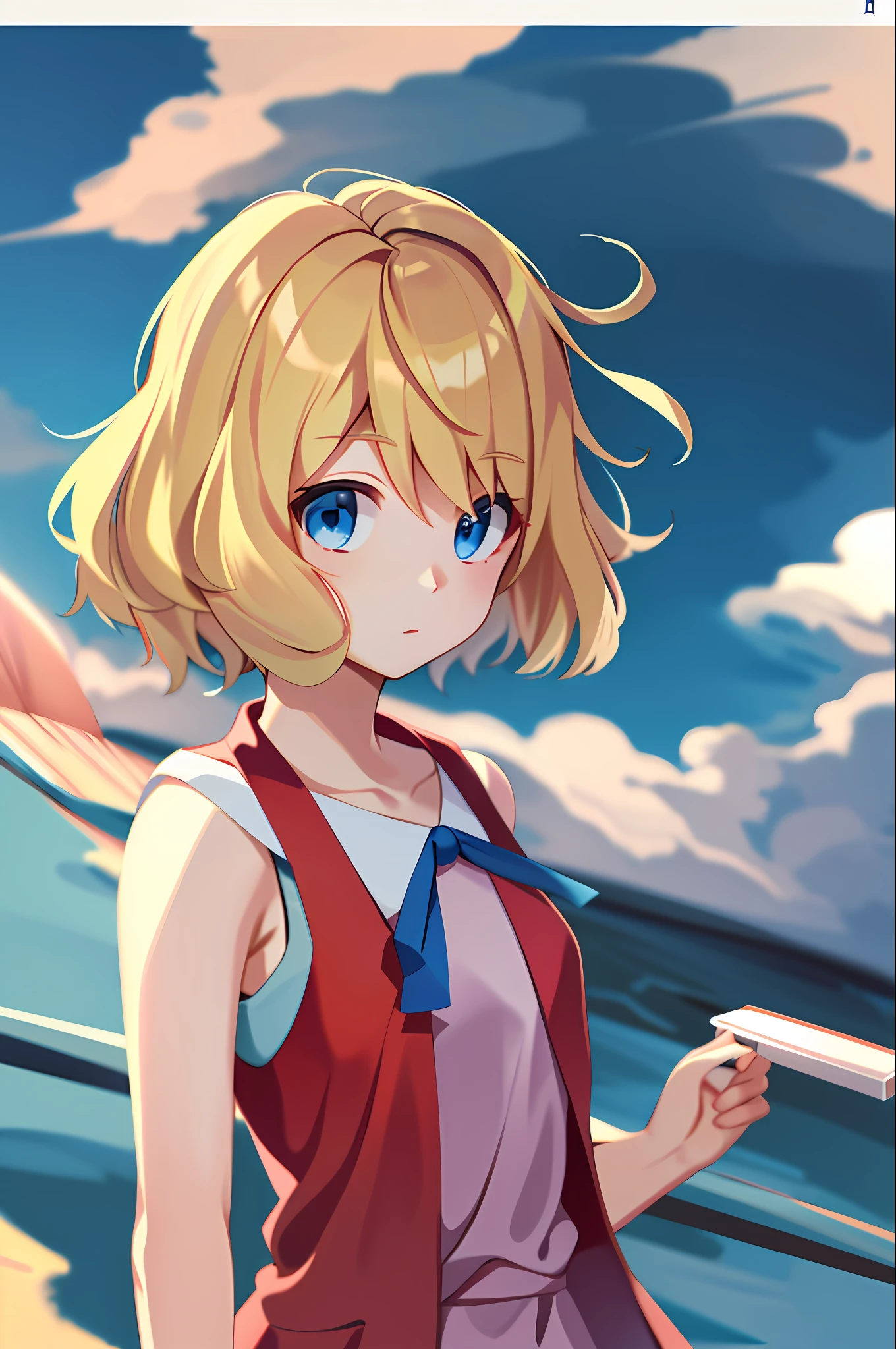masterpiece, best quality, highres, serena \(pokemon\), short hair, blue eyes, 1girl, solo, blue ribbon, eyelashes, neck ribbon, sleeveless, bangs, collarbone, bare arms, pink dress , red coat, white background, front, no scenery, looking at the viewer,upper body, facing viewer, solid color background, clean background, facing the camera, high resolution, expressionless calm face, white back ground, looking away, clonion, blonde,