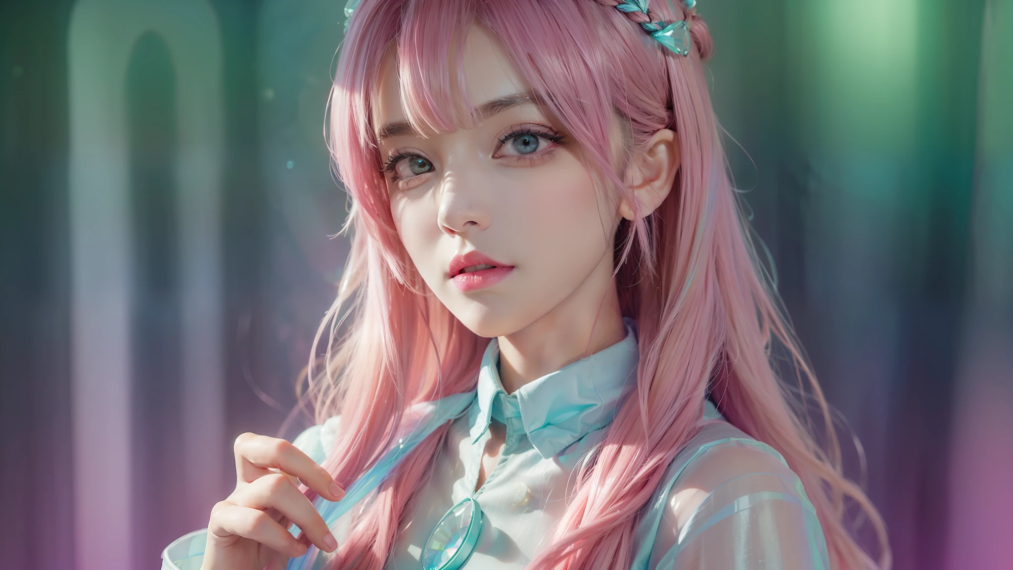 (fluorescent colors:1.4),(translucent:1.4),(retro filters:1.4), (fantasy:1.4), candy world Disney land ethereal soft fluffy soft landscape forest snowavatar Pastel pink sky green blue sparkle ethereal light pastel whimsical light rainbow stars diamonds sparkle gemstone background hyper realistic Ultra quality cinematic lighting immense detail Full hd painting Well lit,diagonal bangs,
collared dress,on side
masterpiece, best quality,realskin,(portrait:1.5), 1girl, blunt bangs, long hair --auto --s2