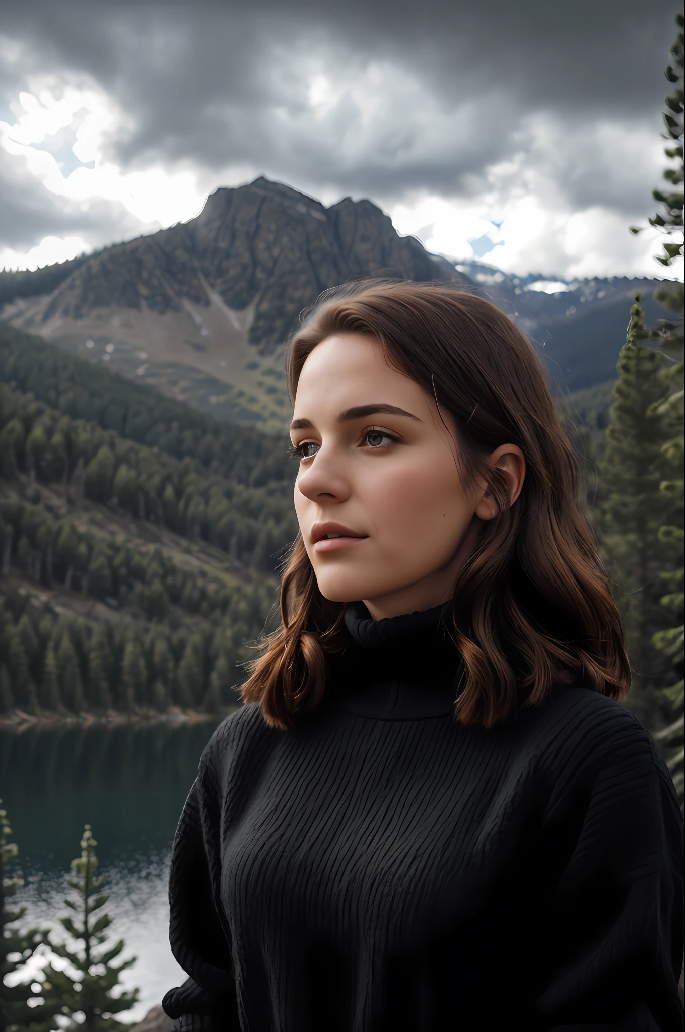 A woman with brown hair, ((upper body portrait, happy)), nature, lake on the mountain, ((cloudy weather)), ((late afternoon)), ((black clothing), pine trees at the foot of the mountain, cold clothes, realistic lighting, realistic shadows, ultra realistic, photorealistic, 8K, Full HD