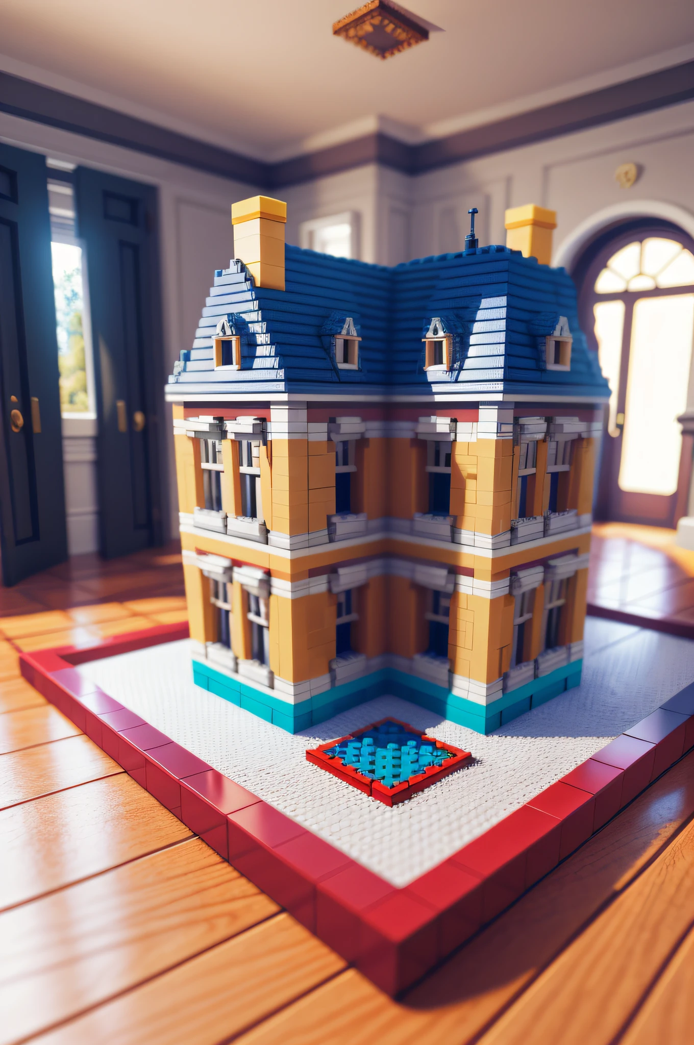 a lego mansion mounted on the floor of a room, rich color matching, blind box style, toy model, voxel, very detailed, super high resolution, 8K UHD