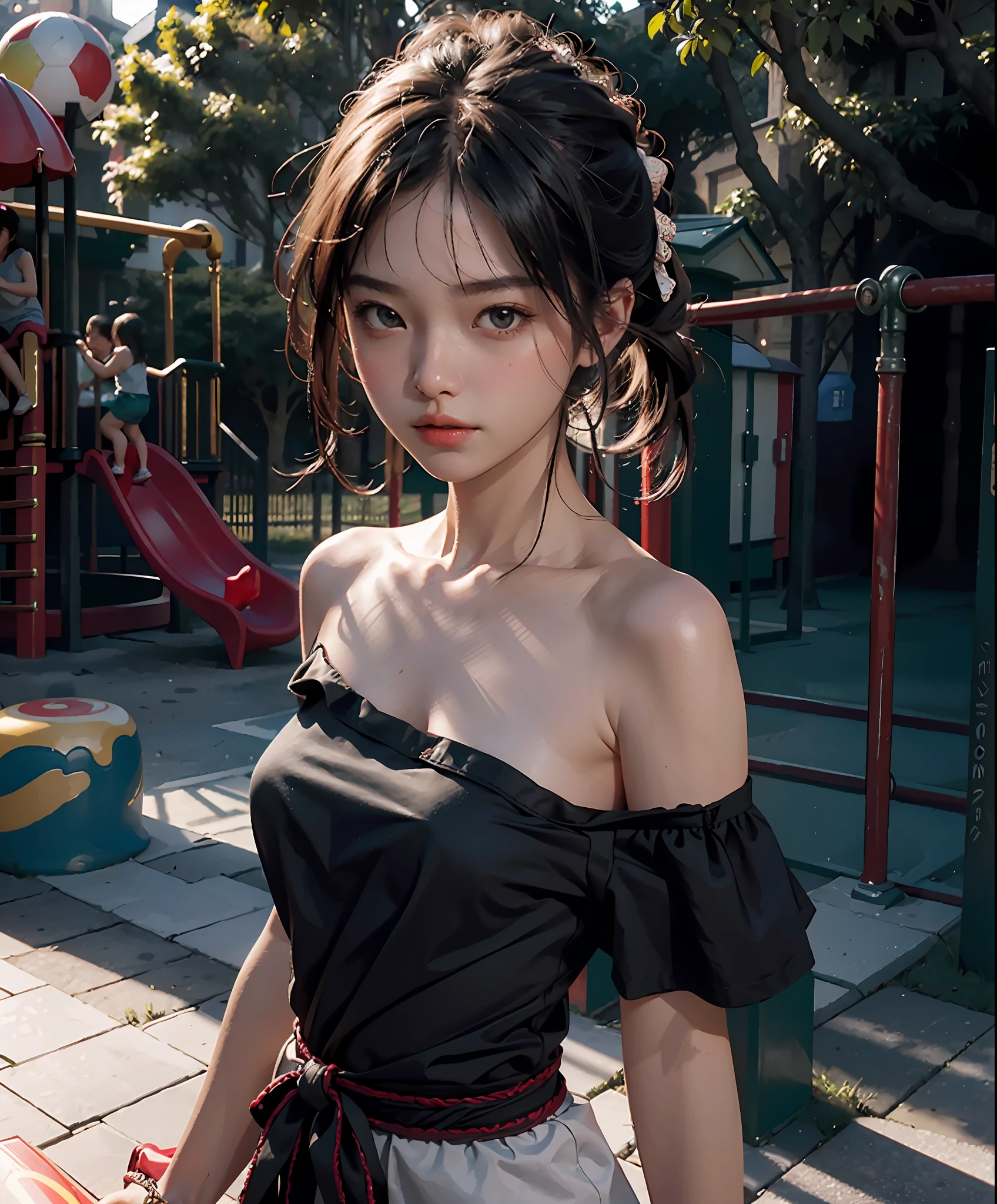 Best Quality, Masterpiece, Ultra High Resolution, (Realisticity: 1.9), Original Photo, 1Girl, Bare Shoulder, Close Up, Asian, Outdoor, Playground, Movie Lighting