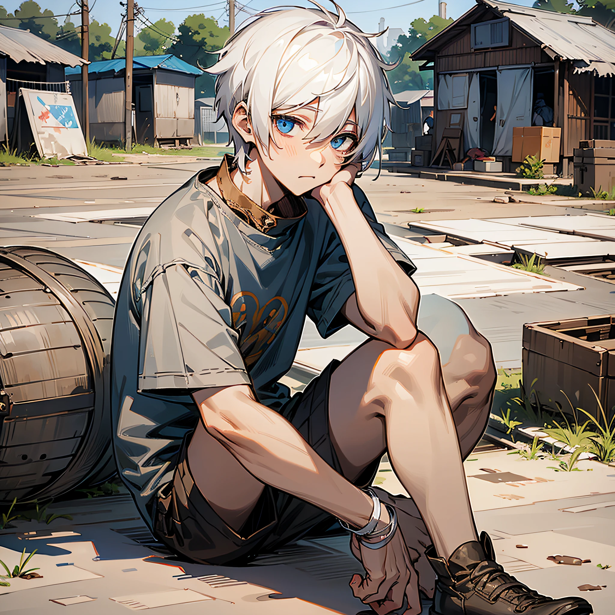 Man with short white hair, fine eyes, tattered short sleeves, refugee camp background, sitting on the ground --auto --s2