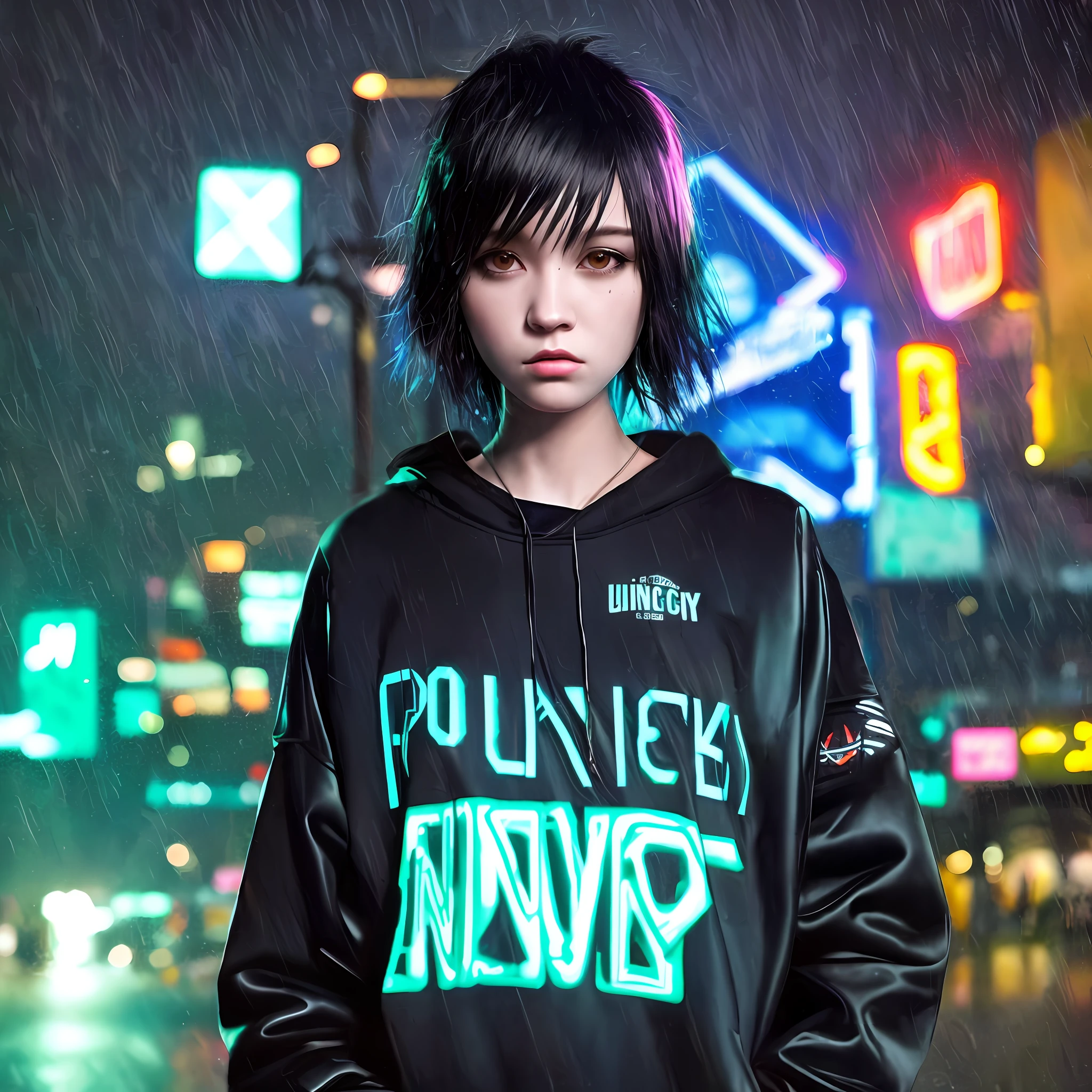 Punk city, some neon lights, darkness, rain, black haired girl, sweatshirts, looking down, neck up, extremely realistic face, realistic skin, realistic background, ultra HD,