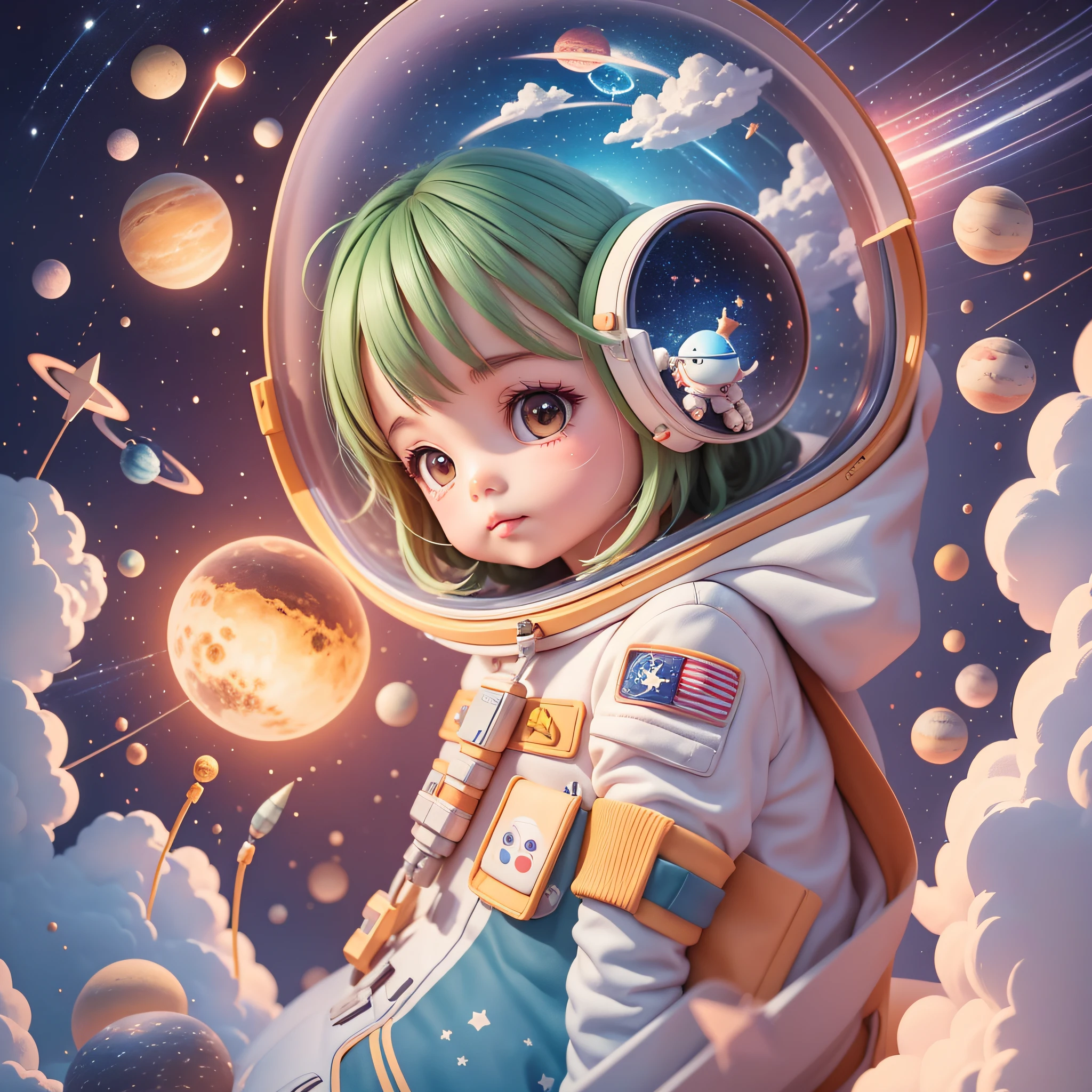 rocket, planets, stars illustration for children, cute girl astronaut, cute illustration, cute art, cute girl characters, cute digital art, illustrated in whimsical style, children's illustration, cute features, illustration, illustrations, cozy calm, repetitive pattern, detailed and cute digital art