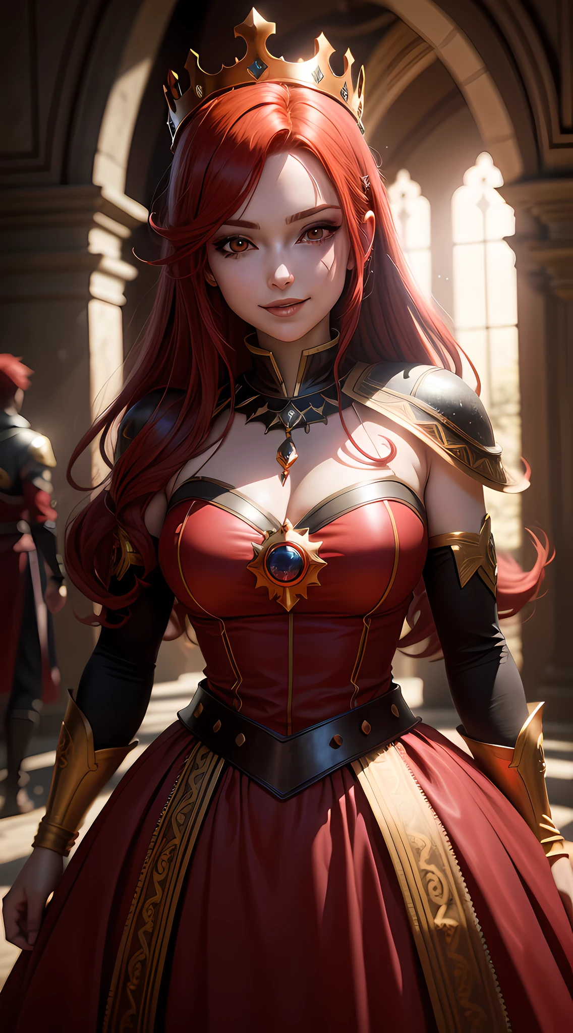 Princesa das trevas com os olhos de sangue, red hair, crown, evil smile, anime style, lens flare, high detail, first-person view, cinematic lighting, masterpiece, super detail, best quality, 8k, UHD