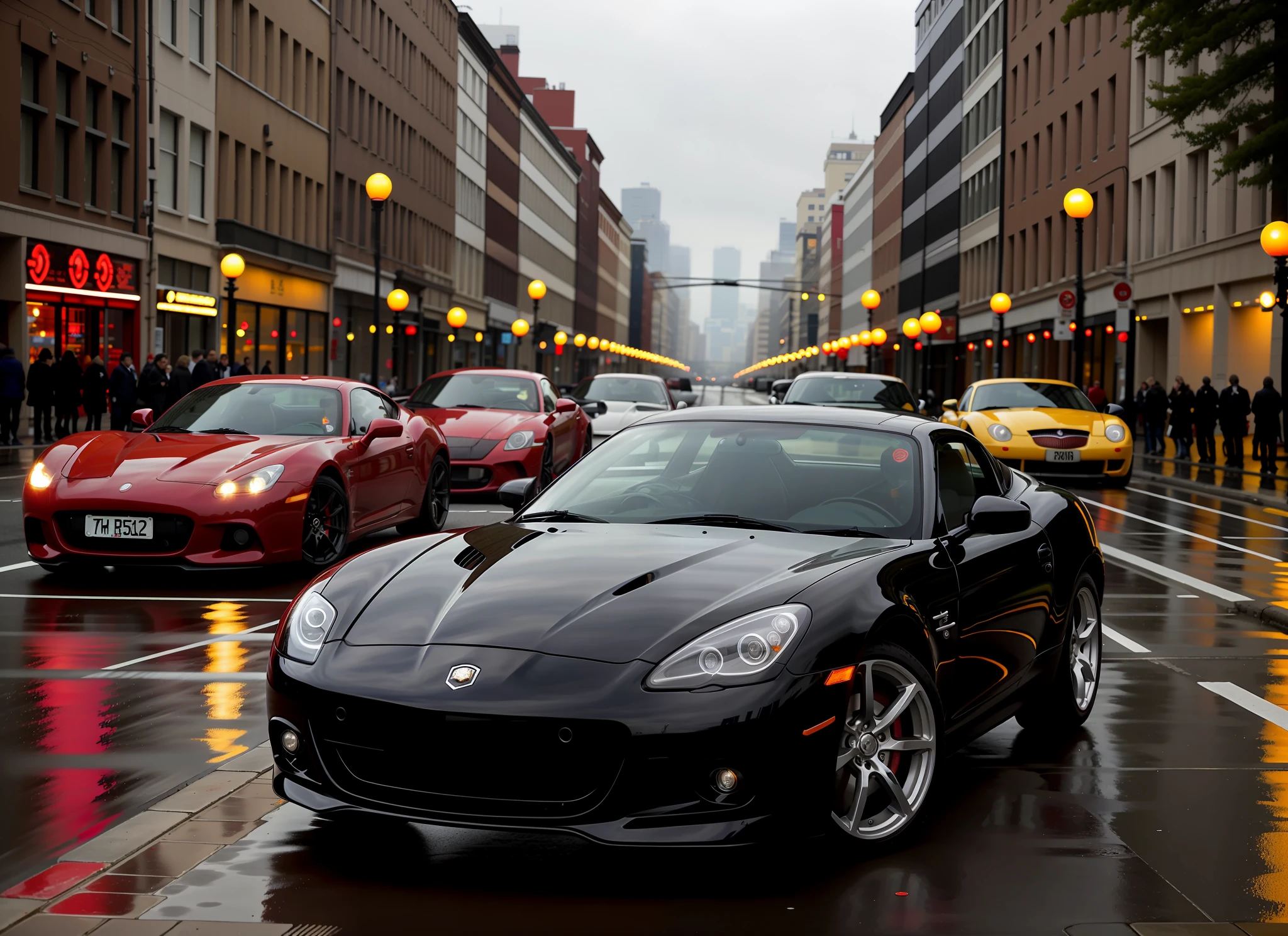 Masterpieces, red sports cars on the street, daytime, wet weather, s, happy lights, flares, brighter,
