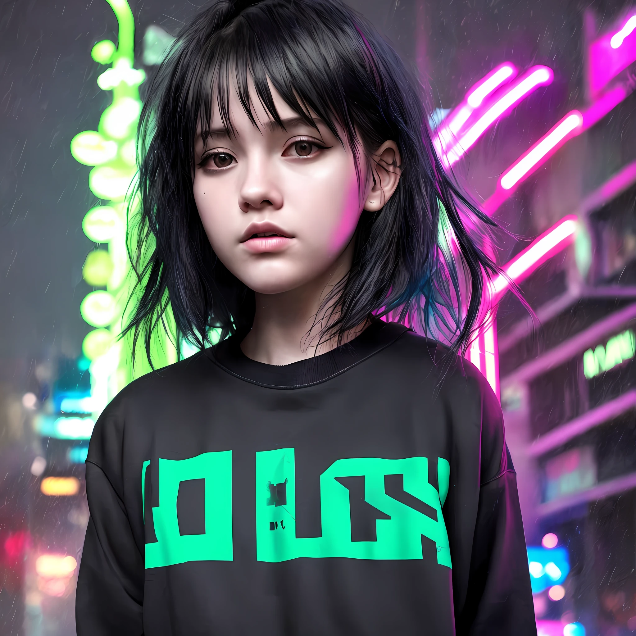 Punk city, some neon lights, darkness, rain, black haired girl, sweatshirts, looking down, neck up, extremely realistic face, realistic skin, realistic background, ultra HD,