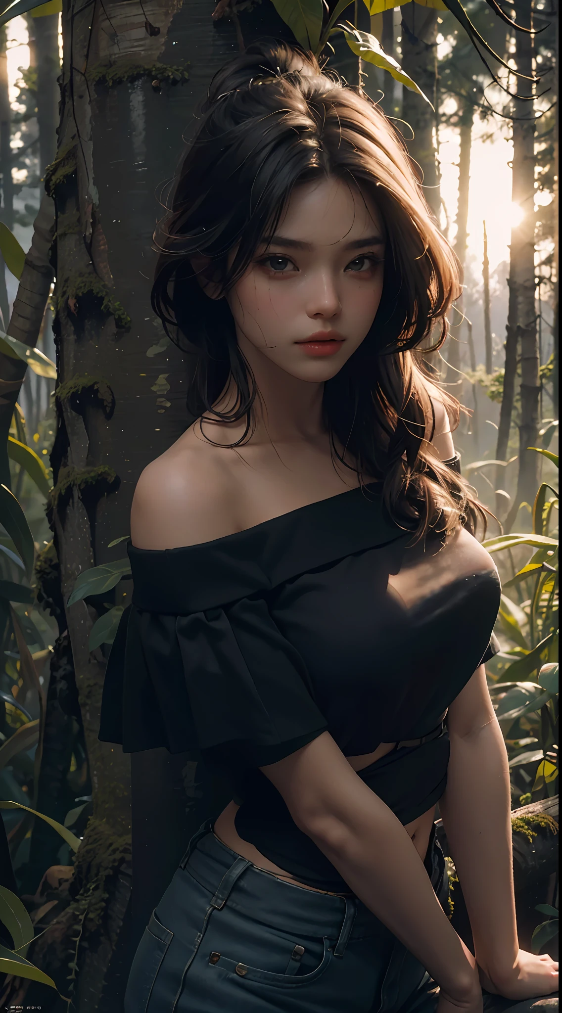 Best Quality, Masterpiece, Ultra High Resolution, (Photorealistic: 1.4), Original Photo, 1girl, Off-the-Shoulder, Cinematic Lighting, (Survival in the Wild: 1)