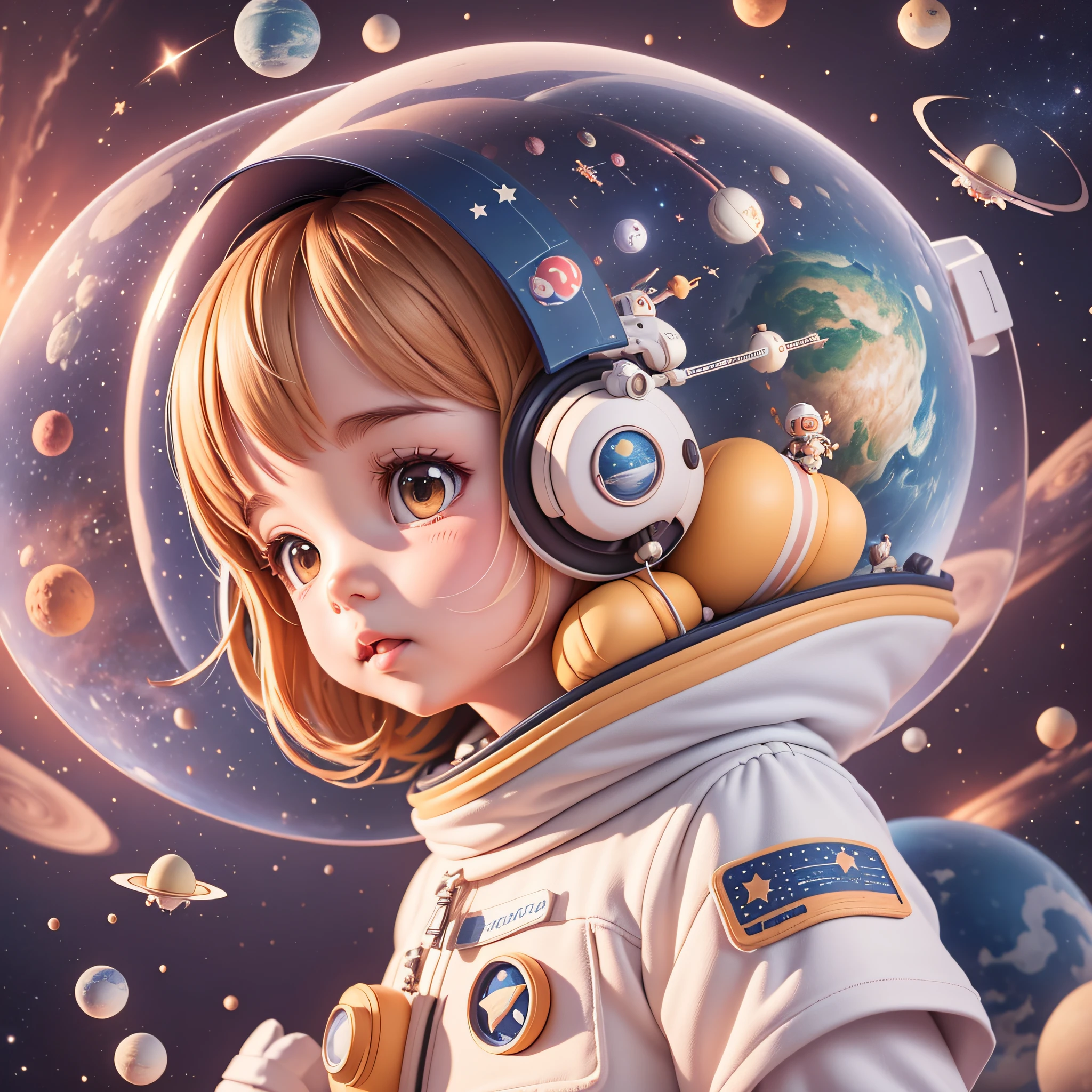 rocket, planets, stars illustration for children, cute girl astronaut, cute illustration, cute art, cute girl characters, cute digital art, illustrated in whimsical style, children's illustration, cute features, illustration, illustrations, cozy calm, repetitive pattern, detailed and cute digital art