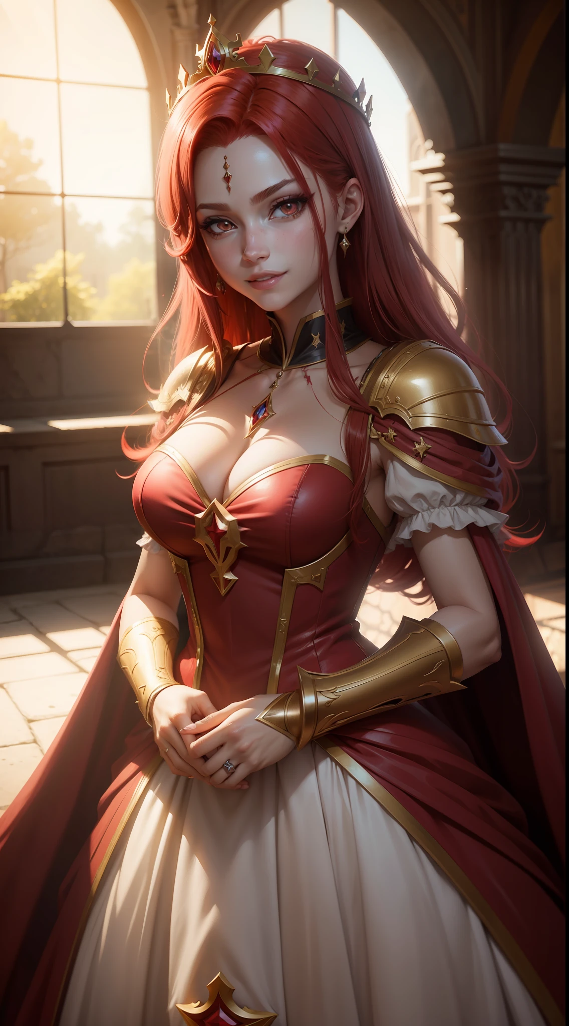 Princesa das trevas com os olhos de sangue, red hair, crown, evil smile, anime style, lens flare, high detail, first-person view, cinematic lighting, masterpiece, super detail, best quality, 8k, UHD