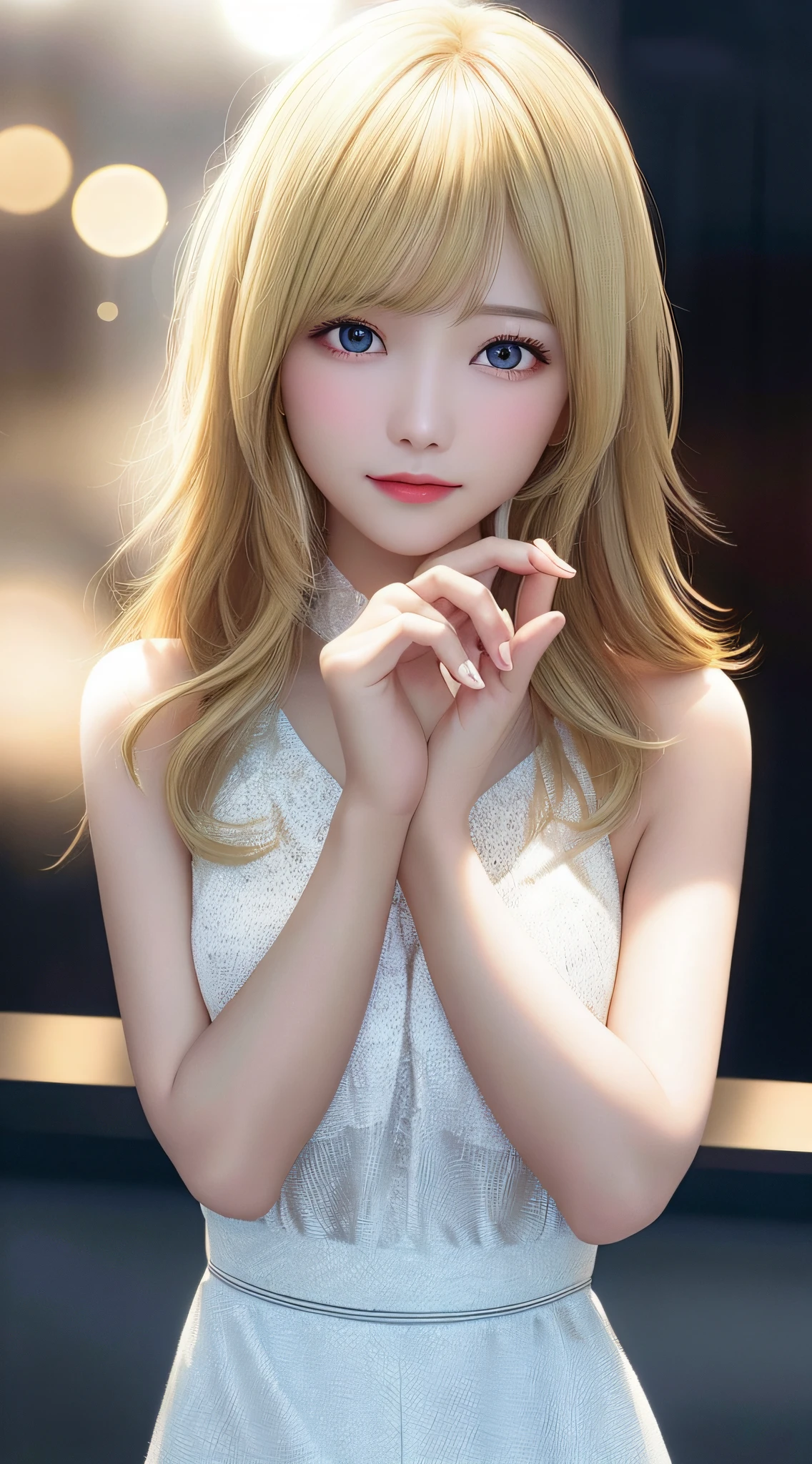 Top quality, masterpiece, high resolution, girl in one, beautiful face, body, tyndall effect, photoreal, dark studio, rim lighting, two-tone lighting, (high definition skin: 1.2), 8k uhd, dslr, soft lighting, high quality, volume lighting, candid, photography, high resolution, 4k, 8k, bokeh, medium breasts, open fingers, (hair color: blonde: 1)
