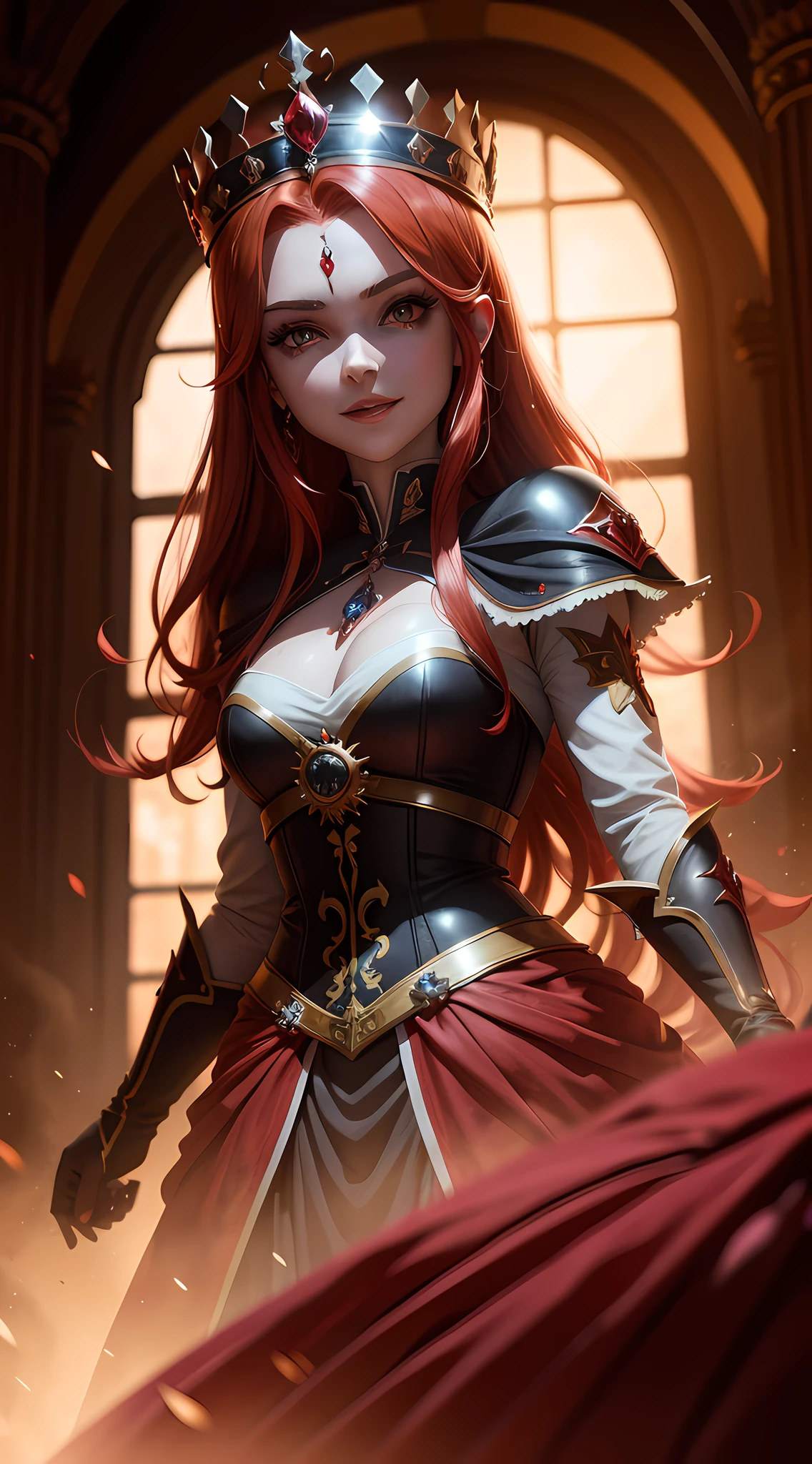 Princesa das trevas com os olhos de sangue, red hair, crown, evil smile, anime style, lens flare, high detail, first-person view, cinematic lighting, masterpiece, super detail, best quality, 8k, UHD