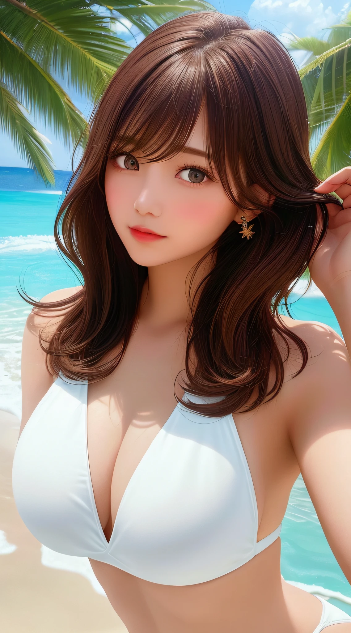 Top quality, masterpiece, high resolution, girl single, beautiful face, body, tyndall effect, photorealistic, dark studio, rim lighting, two-tone lighting, (high definition skin: 1.2), 8k uhd, DSLR, soft lighting, high quality, volume lighting, candid, photography, high resolution, 4k, 8k, bokeh, big, (hair color: brown hair: 1), tiny bikini, white swimsuit,