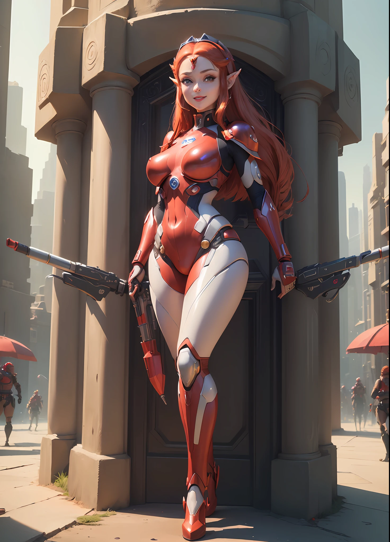 (((Full body,Princess Zelda as humanoid ant, red hair, brown eyes, big breasts1, red bionic ant body suit with attached weapons, looking at the viewer, smile, face with red cheek, red lipstick on her mouth, she is in a futuristic city, 16k, highres, best quality, award-winning, high details, anatomically correct, masterpiece, UHD, ccurate, retina)))