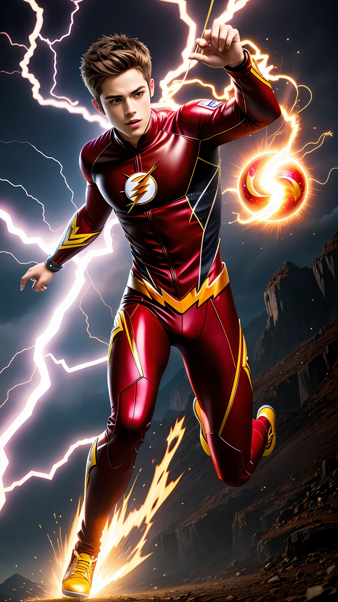 (best quality:1.33), (masterpiece:1.42), (realistic:1.24), (detailed:1.15), , high contrast and dynamic pose, movement, energy, smoke, mist, wind, energy from body, speed, running,
Generate an image of Grant Gustin as the Flash with flashy, (intricate suit:1.3), eye-catching special effects, like energy blasts or lightning bolts, in the style of Ross Tran,
professional photoshoot, action shot, cowboy shot,