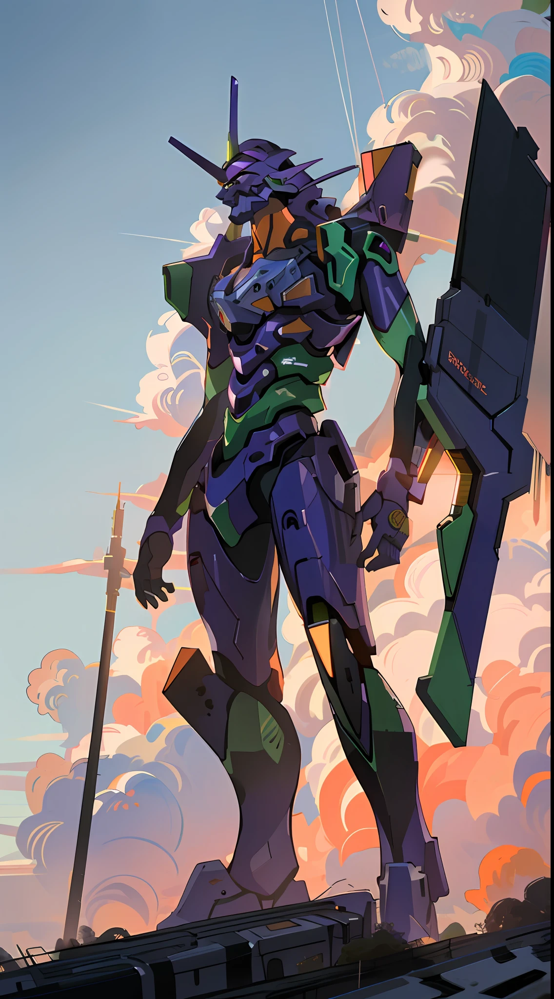 ((eva 01), evagod:1.1), evagenlion, Concept Design, sci-fic character design, SCIENCE FICTION, giant robot, advanced metal and Ceramic Mecha, Accurate EVA 01 head details, high-tech, huge android, (outdoor, sky, clouds), global illumination, edge light, octane rendering, ray tracing, 4k, best quality, masterpiece, high resolution, very detailed, scientific anatomy, carbon fiber, titanium, surrealism, anatomy, beautiful Tokyo-3 background, CG, unity, wallpaper, futurism, epic, apocalypse, sci-fi fighter, giant mechanic, correct perspective