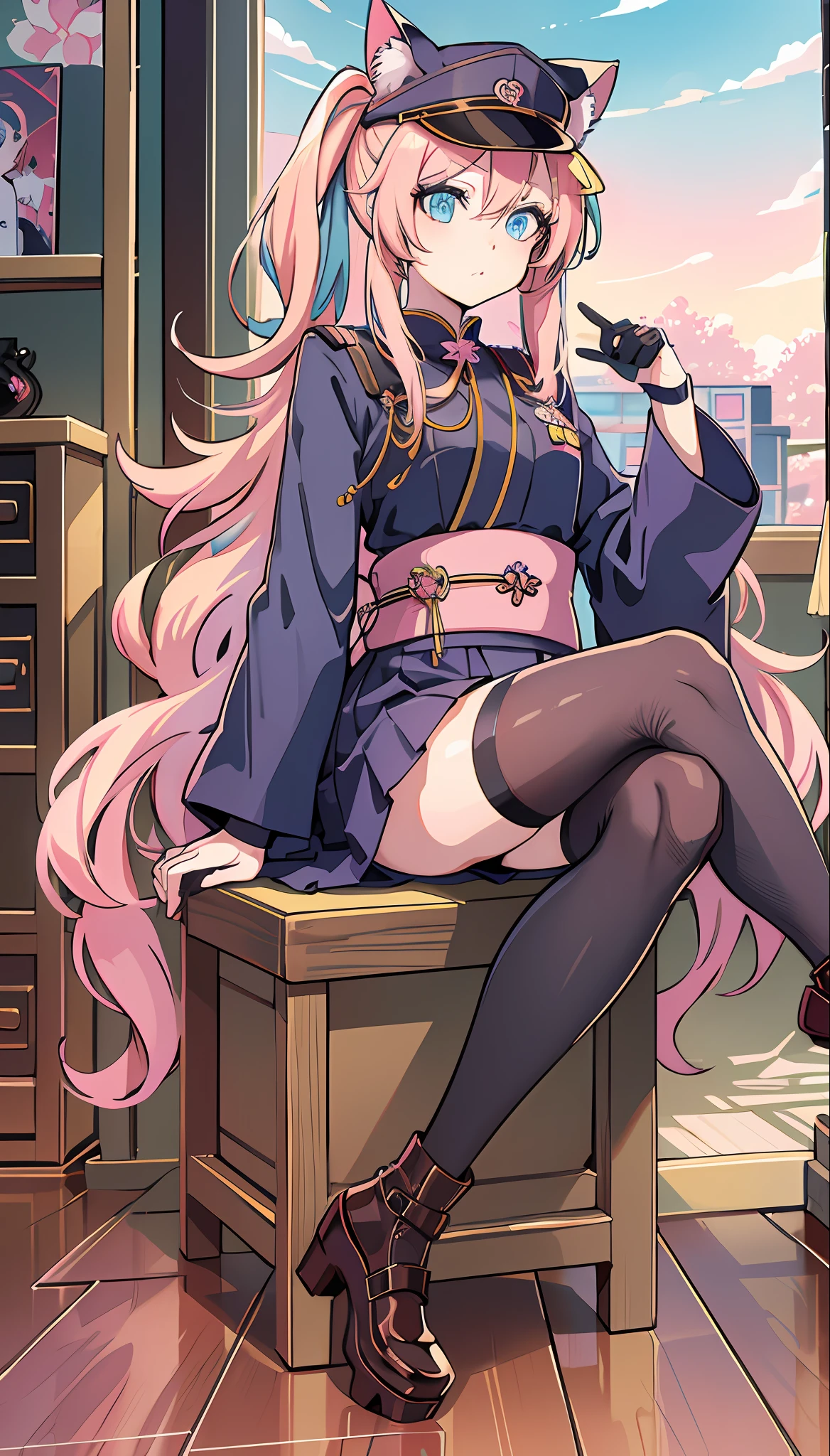Colorful hair and colorful dress in anime ((cat-eared girl)), kimono pastel vivid, rossdraws cartoon vivid, anime style 4k, beautiful anime portrait, artgerm colorful!!!、! dream art germ, beautiful anime, cat ear girl, anime style digital art, anime art wallpaper 4k, anime art wallpaper 4k, digital anime art, highly detailed art germ, commander uniform, stockings, full body, sitting in her office