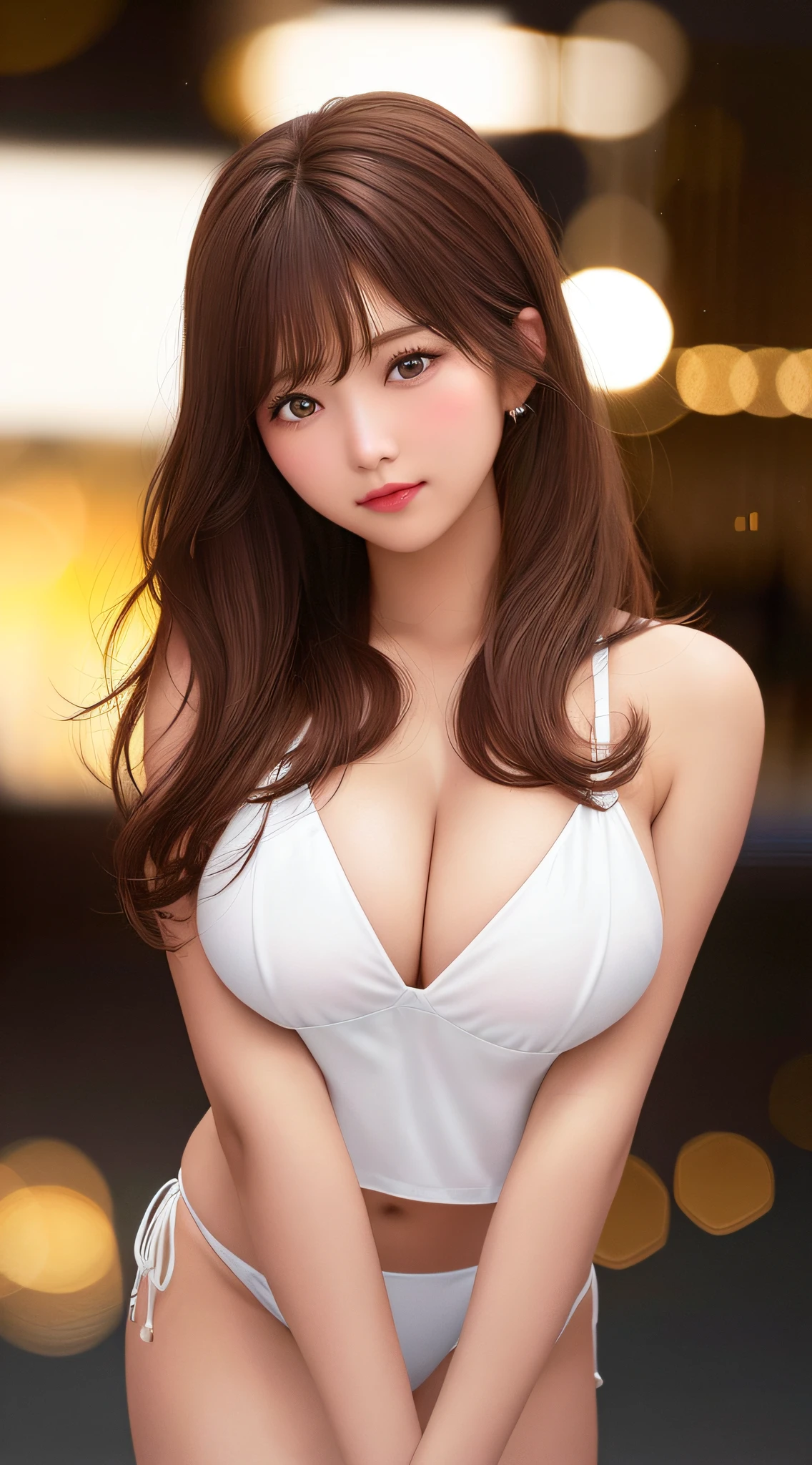 Top Quality, Masterpiece, High Resolution, One Girl, Beautiful Face, Body, Tyndall Effect, Photorealistic, Dark Studio, Rim Lighting, Two-Tone Lighting, (High Definition Skin: 1.2), 8K UHD, DSLR, Soft Lighting, High Quality, Volume Lighting, Candid, Photography, High Resolution, 4K, 8K, Bokeh, Big, Big, (Hair Color: Brown Hair: 1), Micro Bikini, String Bikini, White Swimsuit Pretty