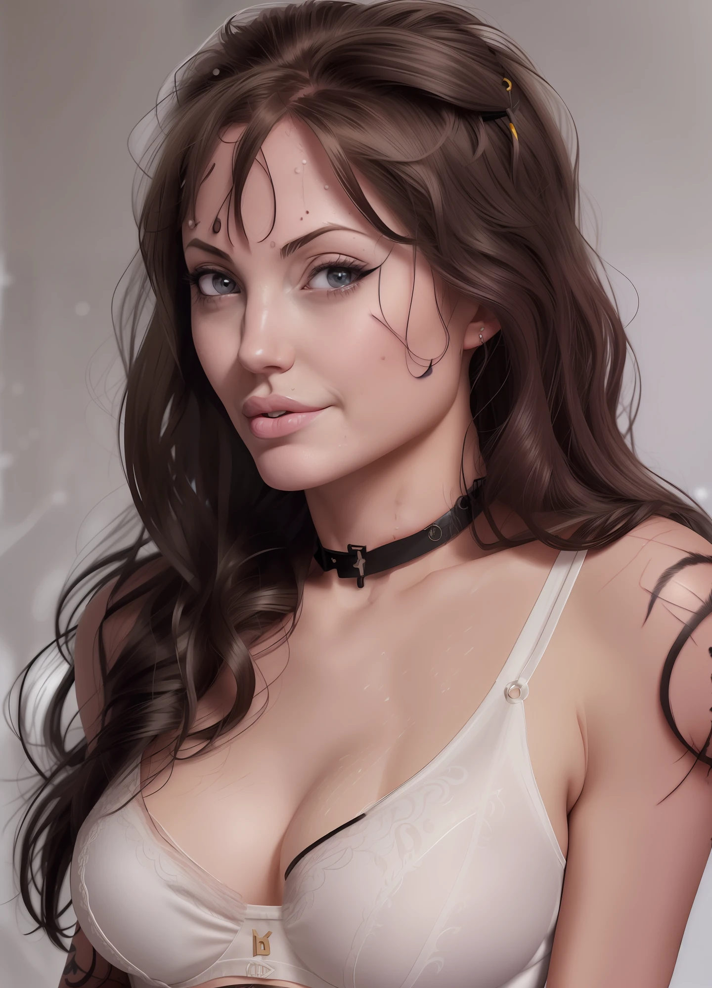 (Vector:1.3), (Anime style: 1.5), (((solo))), (((1girl))), Masterpiece, nude (Angelina Jolie: 1.7), (face shot: 1.8), (RAW photo:1.2),(photorealistic:1.4),(masterpiece:1.3),(best quality:1.4),ultra high res, HDR,8k resolution, dreamlike, check commentary, commentary request, scenery,((no text)), 1girl, (cleavage:1.5), (large breasts:1.5), (pubic hair:1.5),(lifting shirt), (detailed laced underpants:1.4), (full body), (looking down:1.5), (close up), look at the viewer, naughty face, (touching self hair:1.3), (tattoo:1.3), topless, arm, (close up:1.5), (focus on breasts), (detailed eyes),(detailed facial features), (detailed clothes features), (breast blush) trending on cg society, plasticine, bob hair, (strong and toned abs), ((beautiful woman)), wearing choker, thigh choker, very pale white skin, in snow, feminine and muscular, smiling, wet skin, female focus, (Vector:1.3), (Anime style: 1.5)