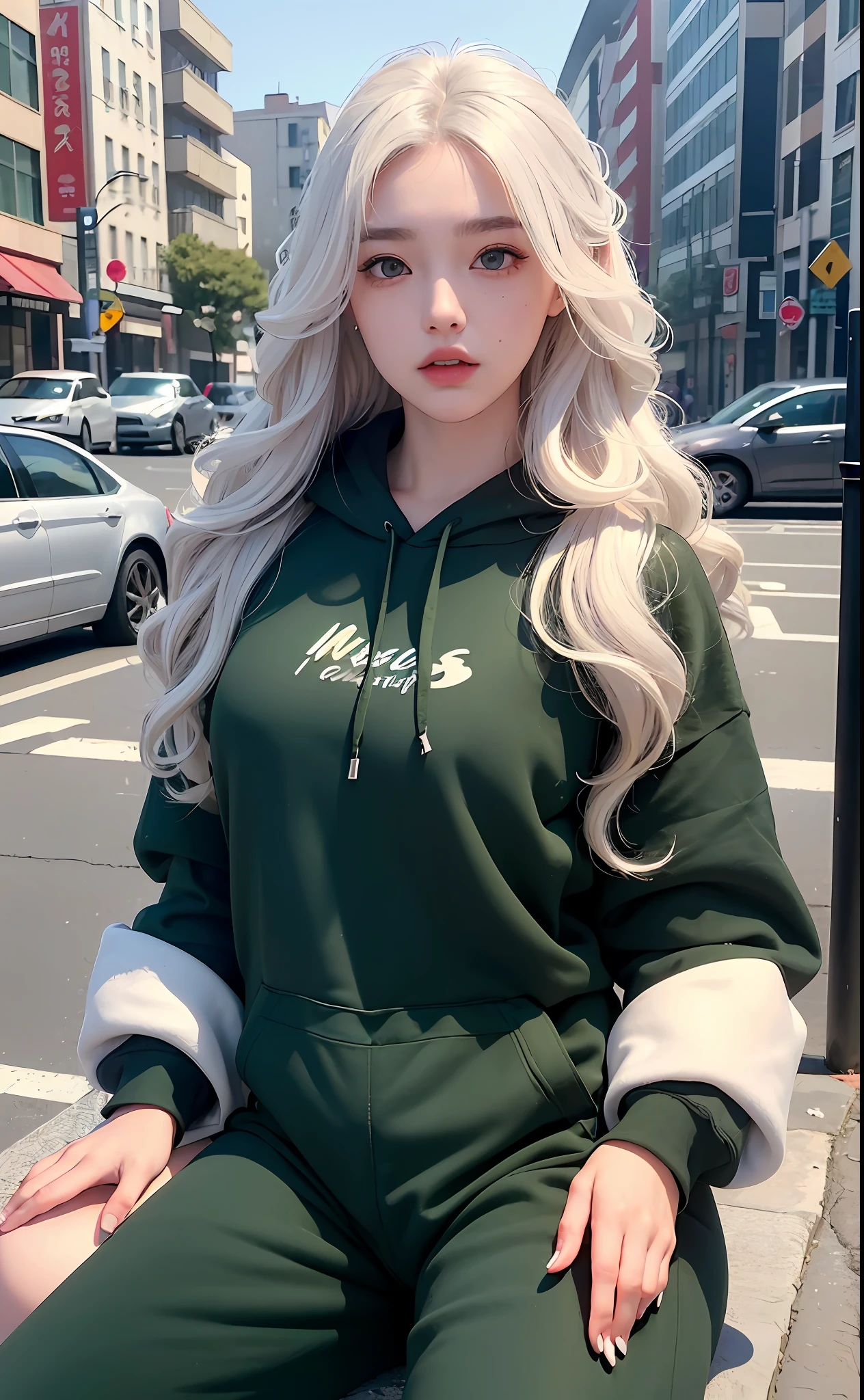 (Masterpiece, realistic, high resolution), (1 girl): 1.2), Korean, ((white wavy hair): 1.3), (heterochromia: 1.1, thick eyebrows, small mole under the eyes), (dark green showy hoodie, black sweatpants), ((medium breasts): 1.2, small waist, thighs), on the street, sitting on the railing