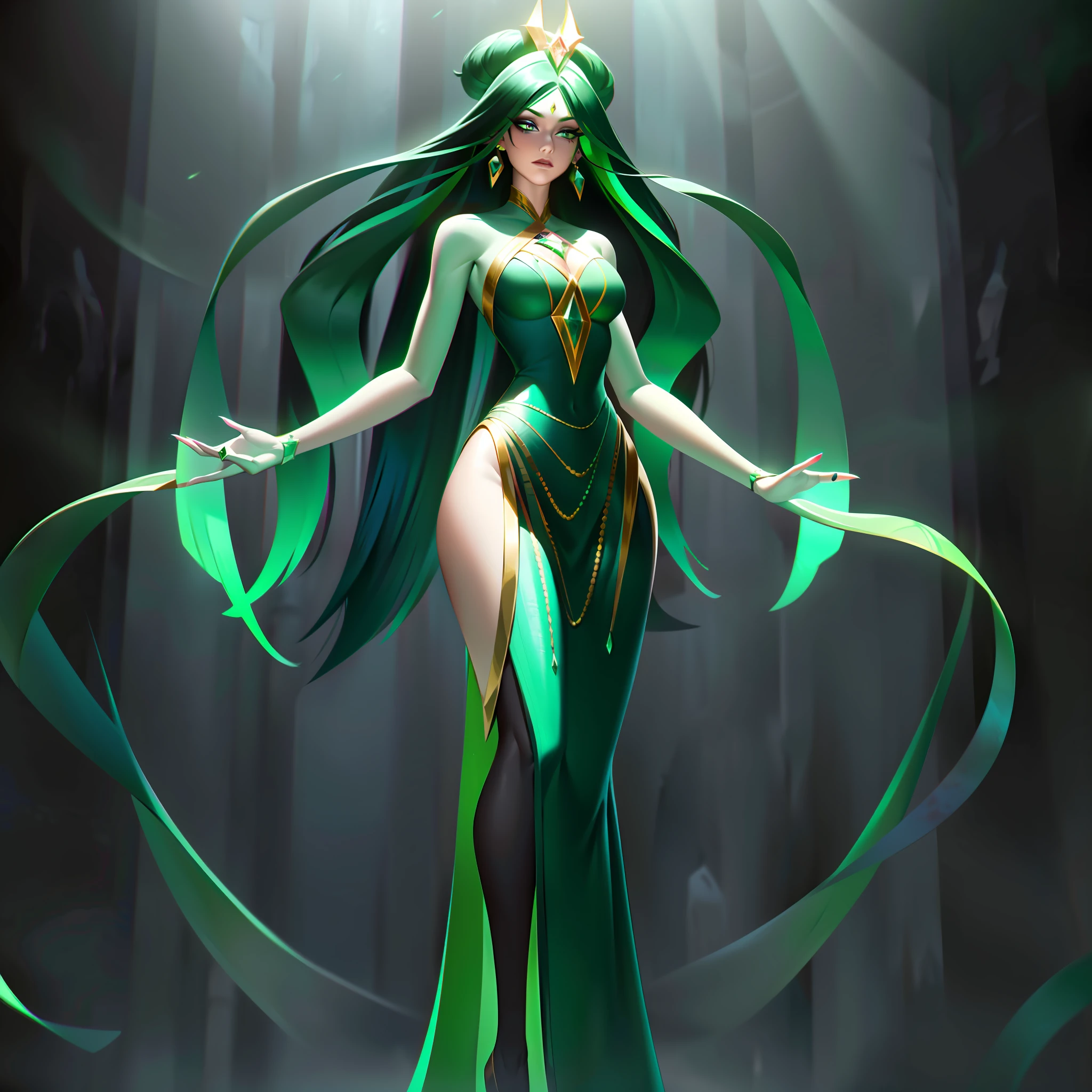 Humanoid figure with vibrant, bright and translucent green skin, reminiscent of the color of an authentic emerald. She possesses a tall and elegant stature, with slender and graceful proportions. The head of the gemsona has an elongated shape, with a delicate and angular face. His eyes are large and expressive, with emerald green irises that glow brightly. Above each eye, there is a thin arched eyebrow that adds a cryptic expression to your gaze. The gemsona's hair is long and fluid, in a darker shade of green, with lighter locks that resemble emerald veins. The hair is adorned with extravagant jewelry such as clips and accessories that resemble small cut emeralds, reflecting light in a dazzling way. The body of the gemsona is slender and muscular, with smooth and well-defined curves. She wears an elegant costume that matches her majestic nature. The costume consists of a long, flowing tunic, made of a translucent fabric in shades of green, adorned with intricate patterns that resemble emerald leaves. To complement its appearance, gemsona uses lush accessories. She has bracelets and necklaces that feature emerald stones in different sizes and cuts, creating a cascading effect of green glow on her body. In addition, she wears long, delicate earrings that shine with every movement. The posture of the gemsona is confident and proud, conveying an aura of power and beauty. She's in a dynamic pose, like she's about to use some kind of special ability related to her gemstone. Finally, the gemsona is in a natural environment, surrounded by a lush landscape full of trees and plants. The sunlight crosses the leaves of the trees, creating a play of shadows and highlights on his figure, splashart, body lines, vibrant colors, exquisite details, cinematic, artstation, detailed face, by rossdraws, by Kienan Lafferty