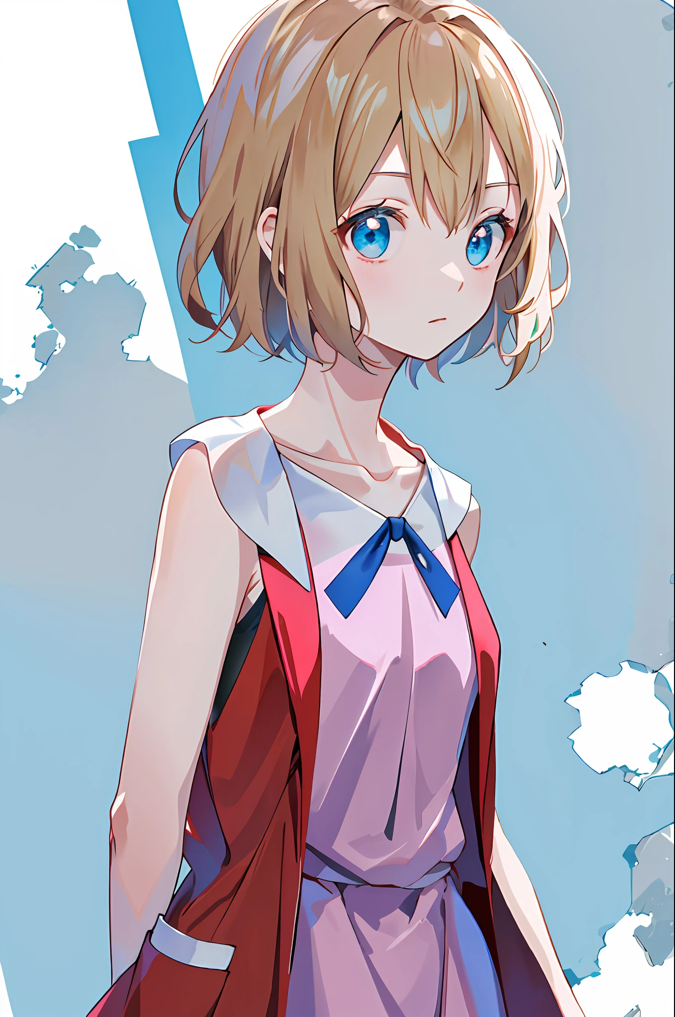 masterpiece, best quality, highres, serena \(pokemon\), short hair, blue eyes, 1girl, solo, blue ribbon, eyelashes, neck ribbon, sleeveless, bangs, collarbone, bare arms, pink dress , red coat, white background, front, no scenery, looking at the viewer,upper body, facing viewer, solid color background, clean background, facing the camera, high resolution, expressionless calm face, white back ground, looking away, simple_background