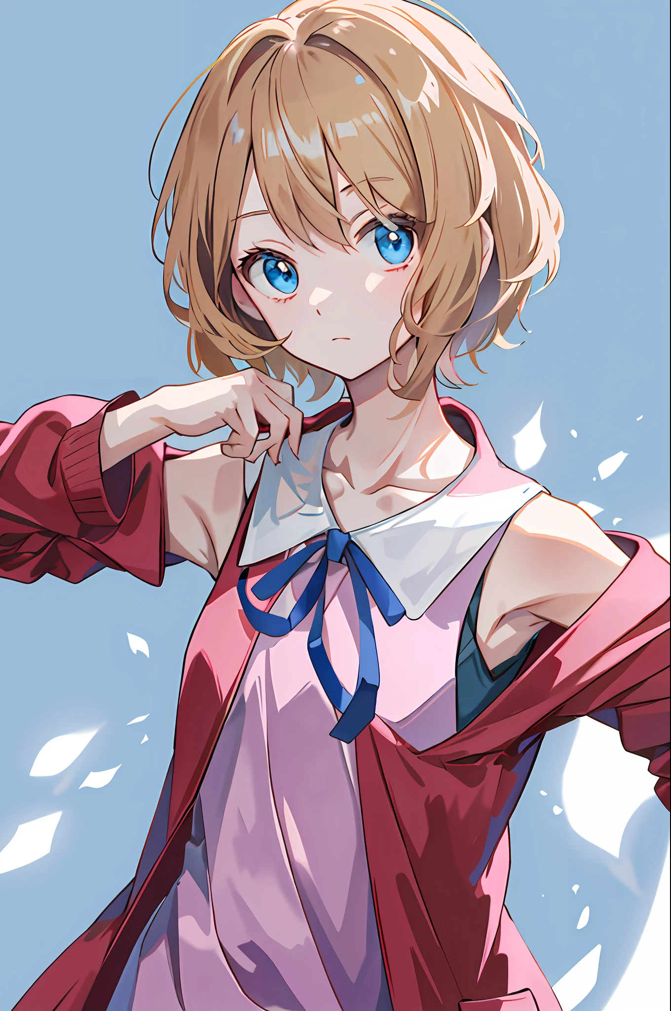 masterpiece, best quality, highres, serena \(pokemon\), short hair, blue eyes, 1girl, solo, blue ribbon, eyelashes, neck ribbon, sleeveless, bangs, collarbone, bare arms, pink dress , red coat, white background, front, no scenery, looking at the viewer,upper body, facing viewer, solid color background, clean background, facing the camera, high resolution, expressionless calm face, white back ground, looking away, simple_background