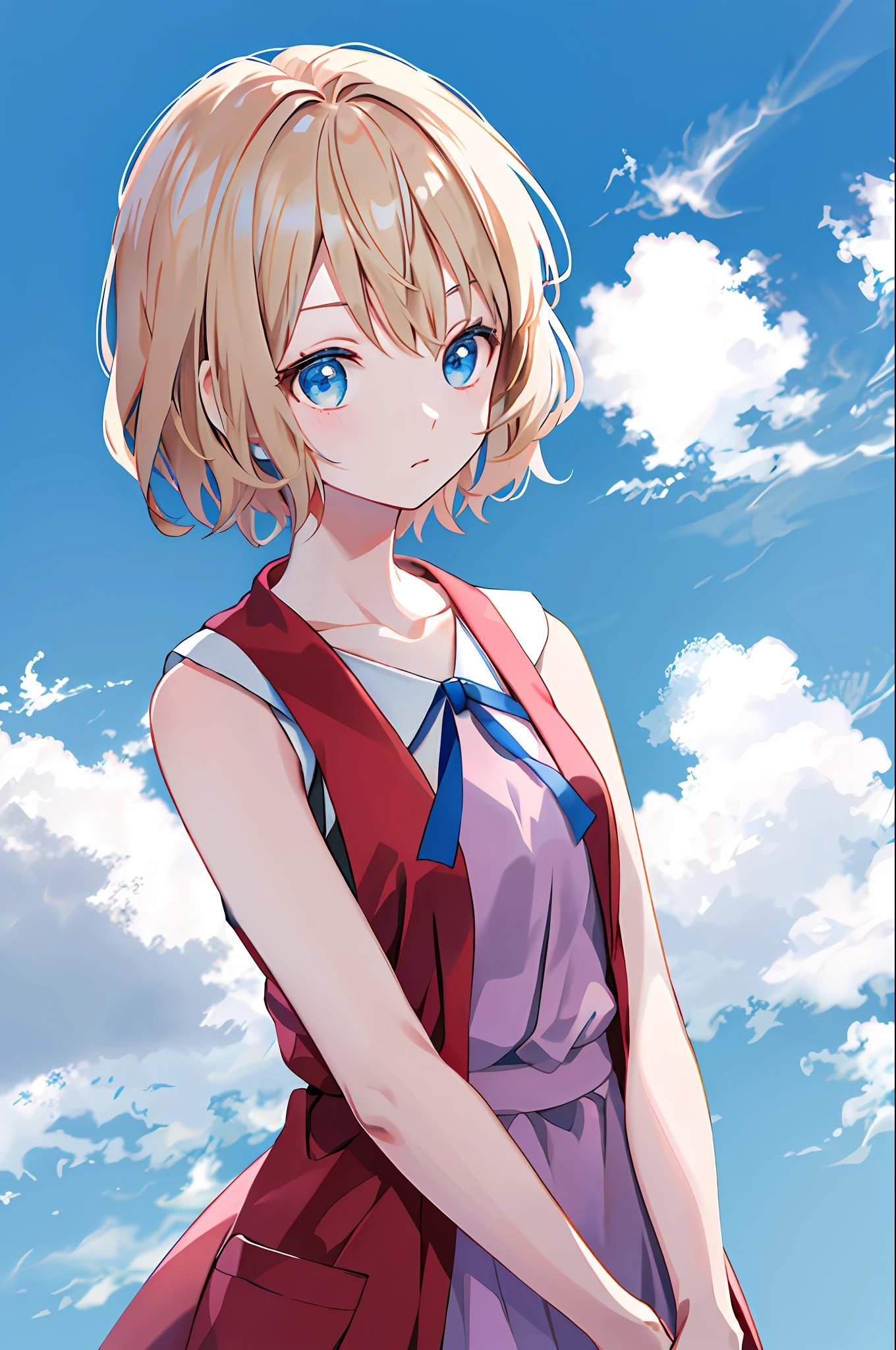 masterpiece, best quality, highres, serena \(pokemon\), short hair, blue eyes, 1girl, solo, blue ribbon, eyelashes, neck ribbon, sleeveless, bangs, collarbone, bare arms, pink dress , red coat, white background, front, no scenery, looking at the viewer,upper body, facing viewer, solid color background, clean background, facing the camera, high resolution, expressionless calm face, white back ground, looking away, simple_background