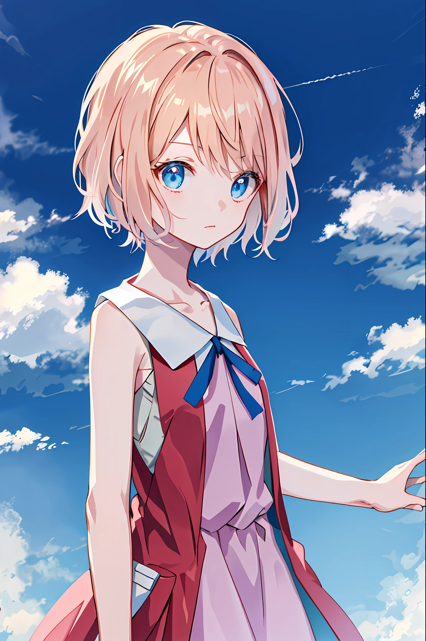masterpiece, best quality, highres, serena \(pokemon\), short hair, blue eyes, 1girl, solo, blue ribbon, eyelashes, neck ribbon, sleeveless, bangs, collarbone, bare arms, pink dress , red coat, white background, front, no scenery, looking at the viewer,upper body, facing viewer, solid color background, clean background, facing the camera, high resolution, expressionless calm face, white back ground, looking away, simple_background