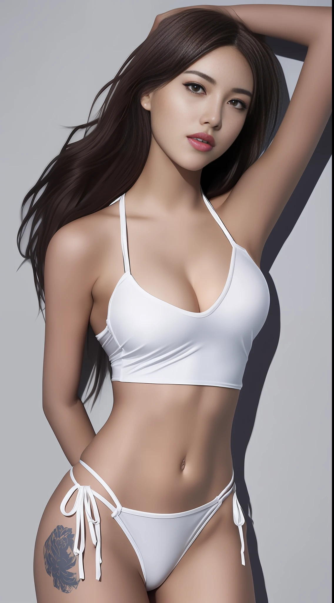Top Quality, Masterpiece, High Resolution, One Girl, Beautiful Face, Body, Tyndall Effect, Photorealistic, Dark Studio, Rim Lighting, Two-Tone Lighting, (High Definition Skin: 1.2), 8K UHD, DSLR, Soft Lighting, High Quality, Volume Lighting, Candid, Photography, High Resolution, 4K, 8K, Bokeh, Big, Big, (Hair Color: Brown Hair: 1), Micro Bikini, String Bikini, White Swimsuit , beautiful girl, short hair, string buns, micro bikini, swimsuit with floral pattern, white skin, thin waist,