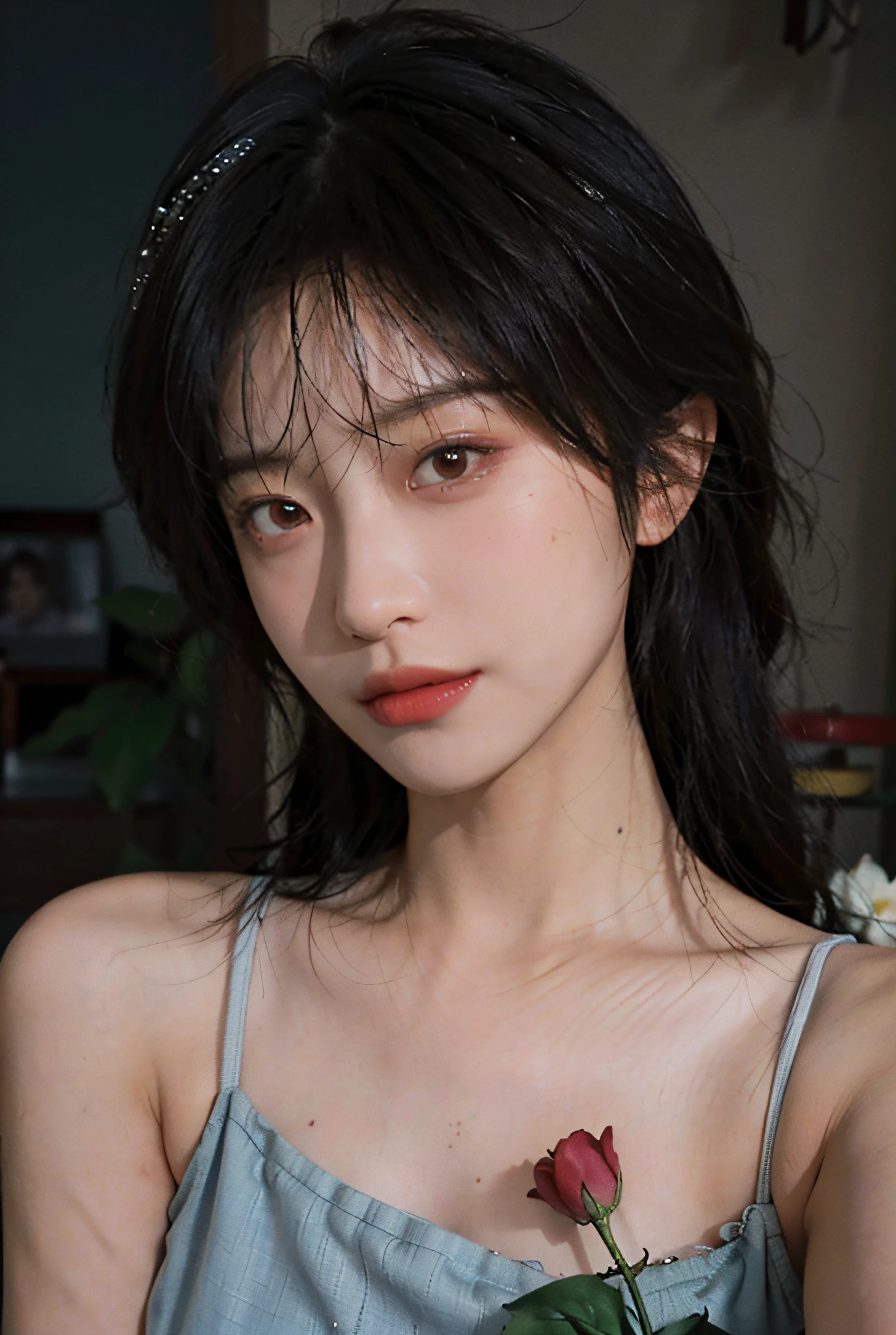 8K, Best Quality, Masterpiece, Ultra High Resolution, (Realism: 1.4), Original Photo, (Real Skin Texture: 1.3), (True Skin Texture: 1.4), (Film Grain: 1.3), (Selfie Angle), Broken Flower Chiffon Dress, 1 Girl, Beautiful Eyes and Face Details, Masterpiece, Best Quality, Close-up, Upper Body,