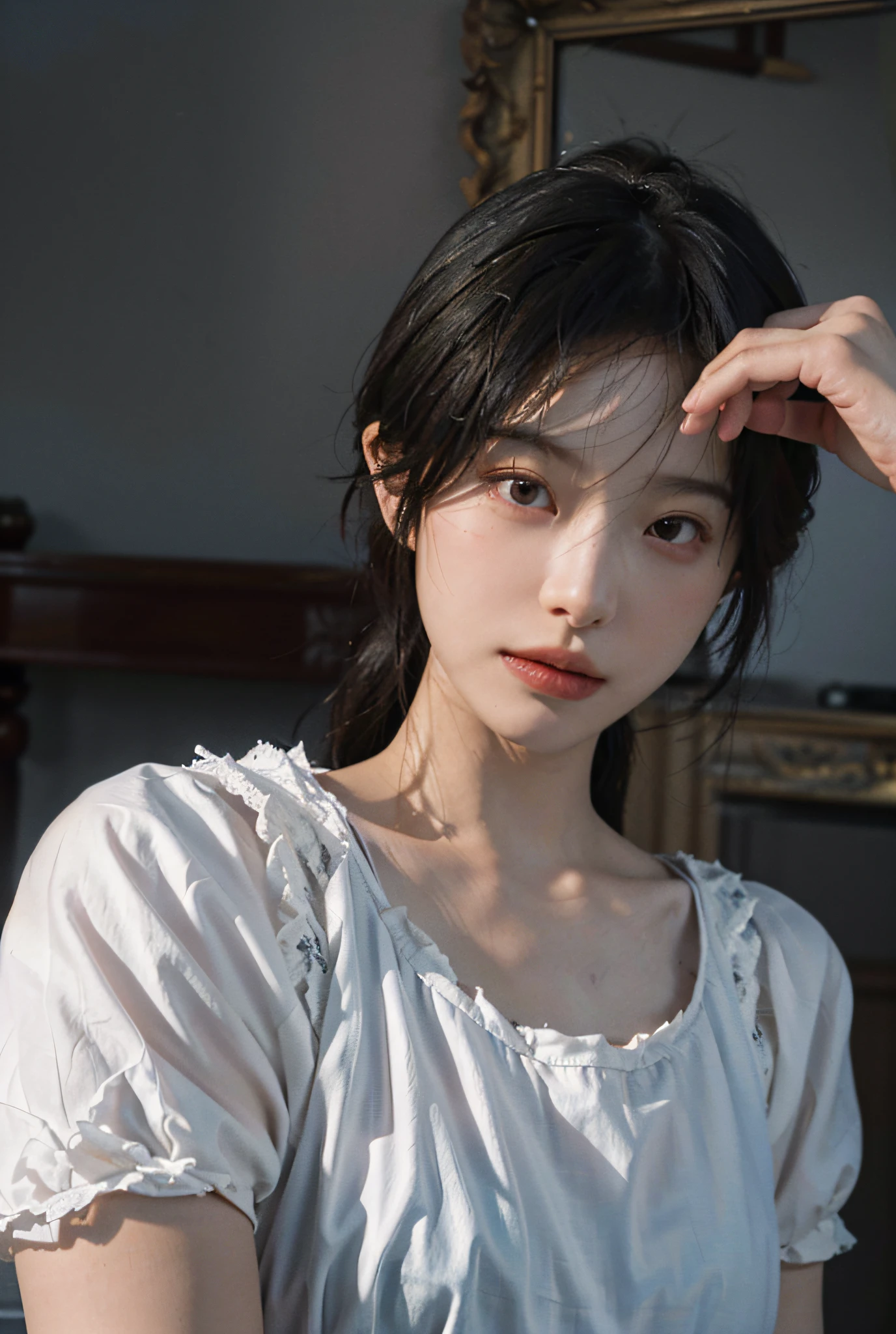 8K, Best Quality, Masterpiece, Ultra High Resolution, (Realism: 1.4), Original Photo, (Real Skin Texture: 1.3), (True Skin Texture: 1.4), (Film Grain: 1.3), (Selfie Angle), Broken Flower Chiffon Dress, 1 Girl, Beautiful Eyes and Face Details, Masterpiece, Best Quality, Close-up, Upper Body,