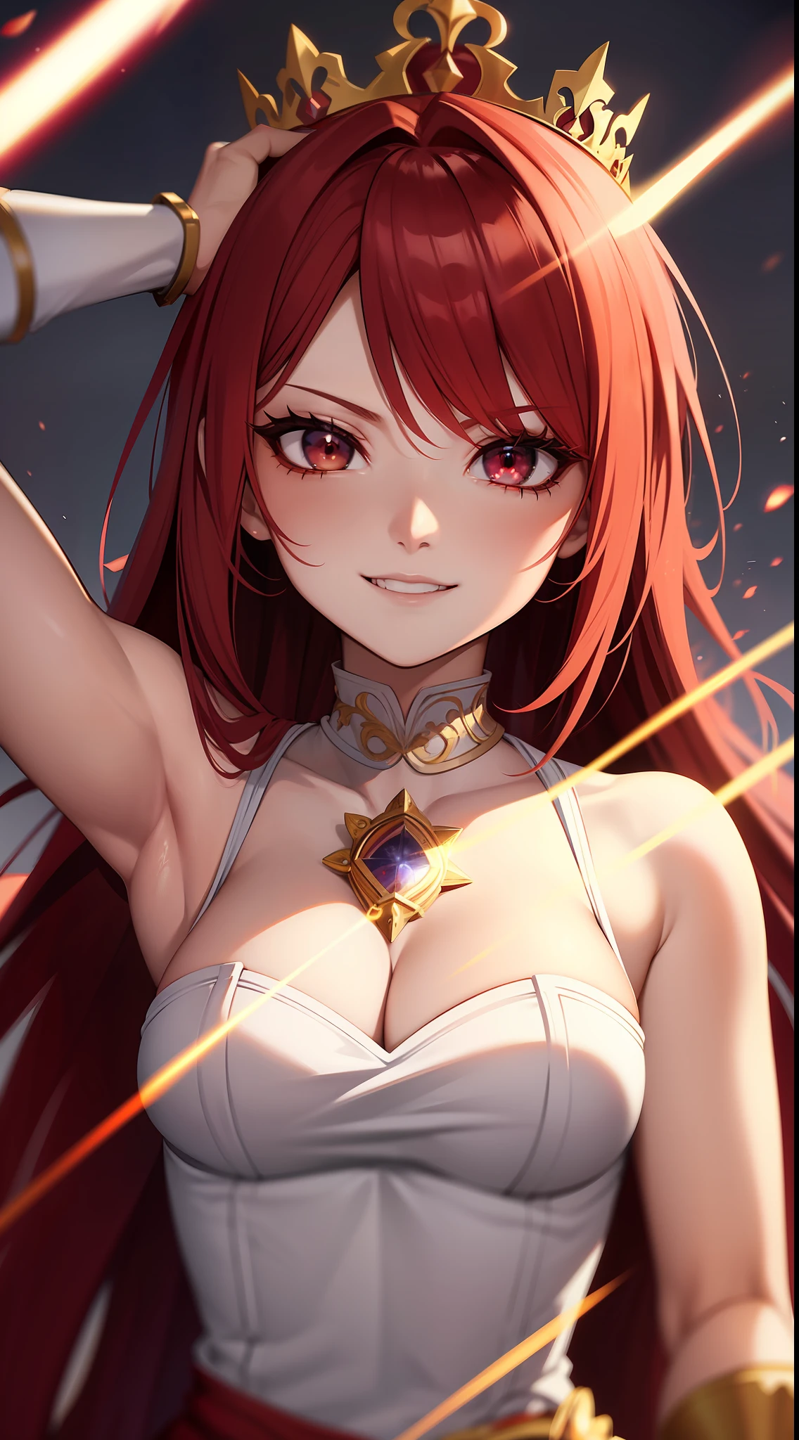 Princesa das trevas com os olhos de sangue, red hair, crown, evil smile, anime style, lens flare, high detail, first-person view, cinematic lighting, masterpiece, super detail, best quality, 8k, UHD