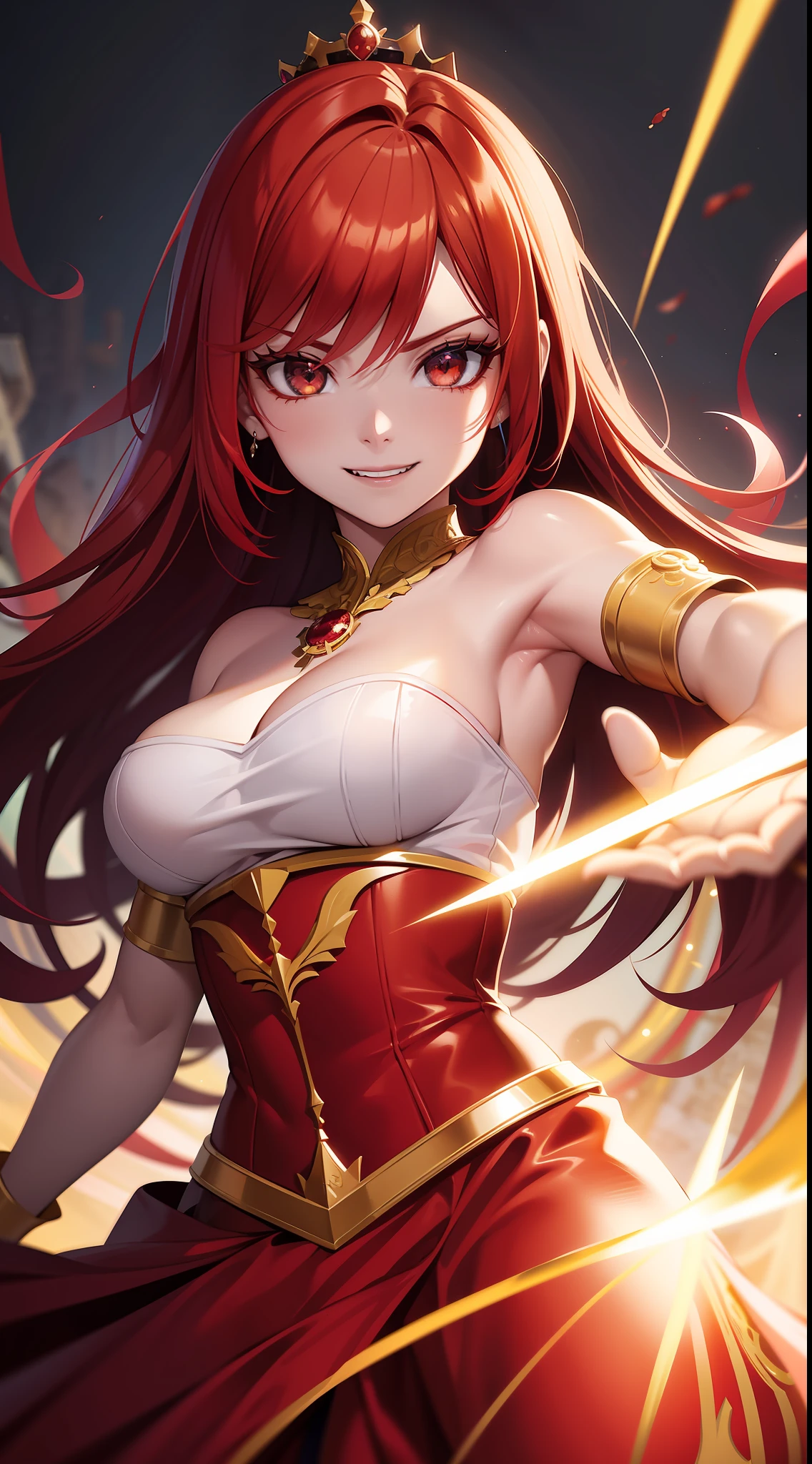 Princesa das trevas com os olhos de sangue, red hair, crown, evil smile, anime style, lens flare, high detail, first-person view, cinematic lighting, masterpiece, super detail, best quality, 8k, UHD