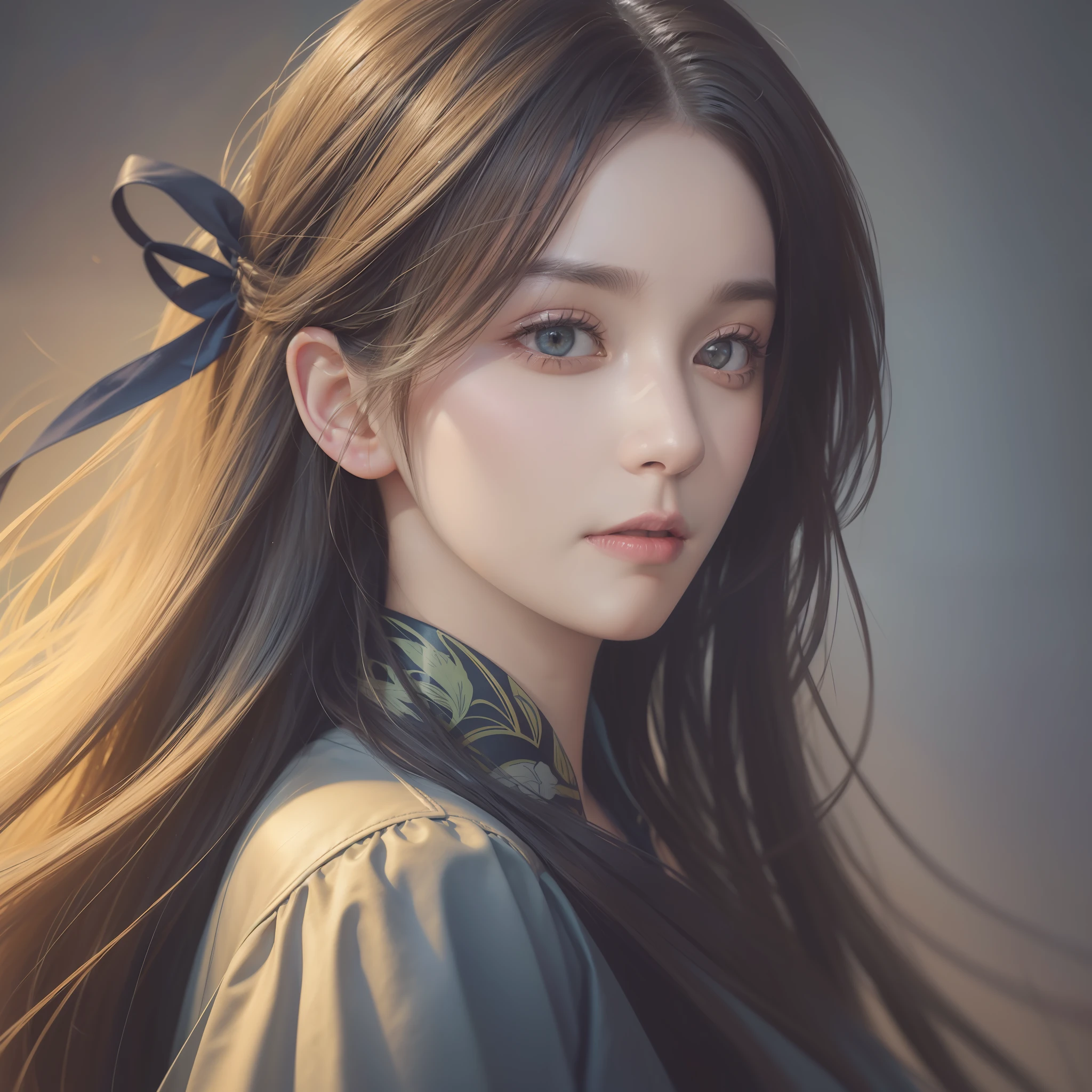 Close portrait, Hyperrealist portrait of female by david hockney and alphonse mucha,fantasy art, photo realistic, dynamic lighting, artstation, poster, volumetric lighting, very detailed faces, 4 k, award winning,, 1girl, in the dark, deep shadow, low key,cowboy shot,(official clothing:1.4) ,long hair,white hair,