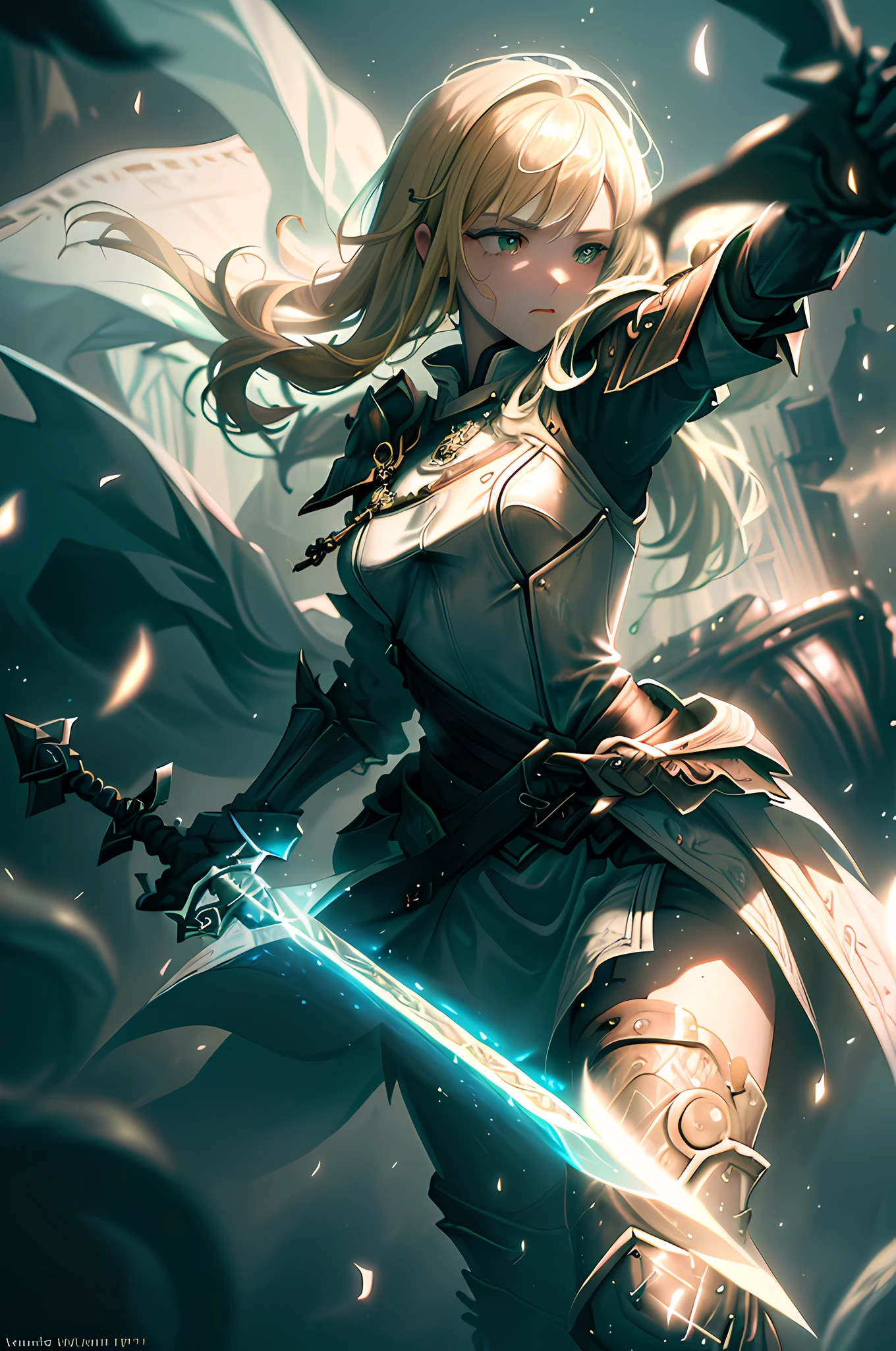 (masterpiece: 1.2), best quality, (illustration: 1.2), determination, action scene, (masterfully crafted brightness, lens reflection), (ultra-detailed), hyper details, (delicate detail), (intricate details), (light cinematic, best quality backlights), clear line, solo woman, (holding bright Excalibur), solo woman, perfect body, (1girl), Yellow hair, bright eyes, (sword maiden, white medieval armor), (supermodel: 1.1), slightly closed eyes, battlefield, (Dynamic: 1.2), (best lighting, extremely delicate and beautiful), ((cinematic light)), colorful, powerful, (cinematic masterpiece), photo shoot, battle scene, gallant, splashes of color, absolutely attractive, ((blood splatters in the background, dulux,)), ((caustic)), dynamic angle, beautiful detailed brightness, (Captivating),(Intricate Detailed Cinematic Arena: 1.2 ), (in battle), ambient occlusion, ambient light, reflections traced by rays, Damascus armor detailed detailed, (shining sword), special attack, (shiny mechs), ready for battle, subsurface dispersal, Post-processing, sword in hand, Excalibur, light blade, legend, powerful attack, noble ghost, Damascus, fist, master swordsman, anime