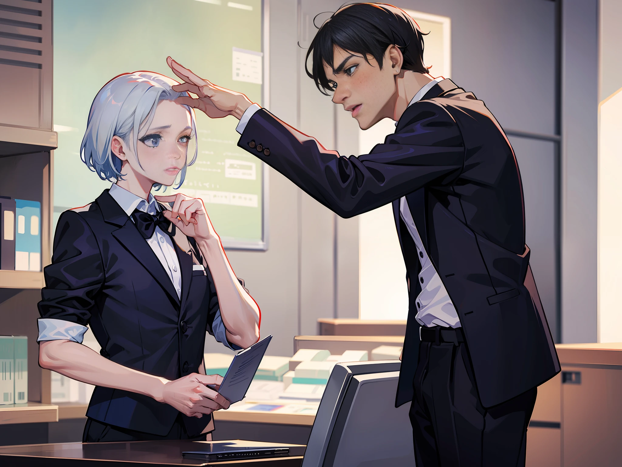 Mercedes a {{middle-aged male salesman}}, in the office, accusing a {{male salesman}}} and a {{female salesman}}