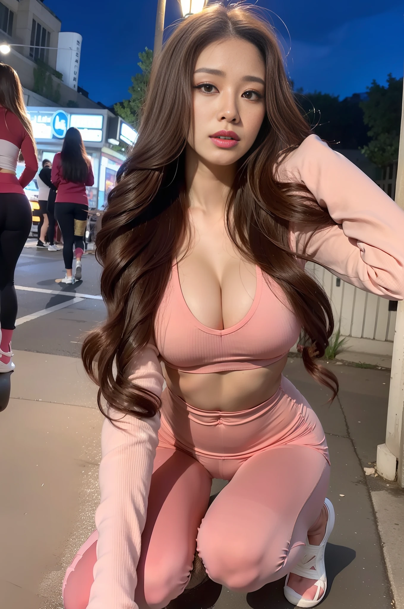 "1 30-year-old beautiful woman squatting on the night street, with long pink hair, big waves in the hairstyle, big red lips, delicate makeup, tight abdominal muscles, hands behind her, legs open in an M shape, wearing pink tight yoga suit (long pants and long sleeves, tight-fitting), background night street. The streets are crowded, and attention is paid to the details of the picture, especially the eye details, emphasizing realism. This official Art Unreal 8K wallpaper is an ultra-detailed, beautiful masterpiece of the best quality. Use a low-camera angle to show the elegance and romanticism of the image. The characters have big breasts, fat buttocks, and are camel-toed.