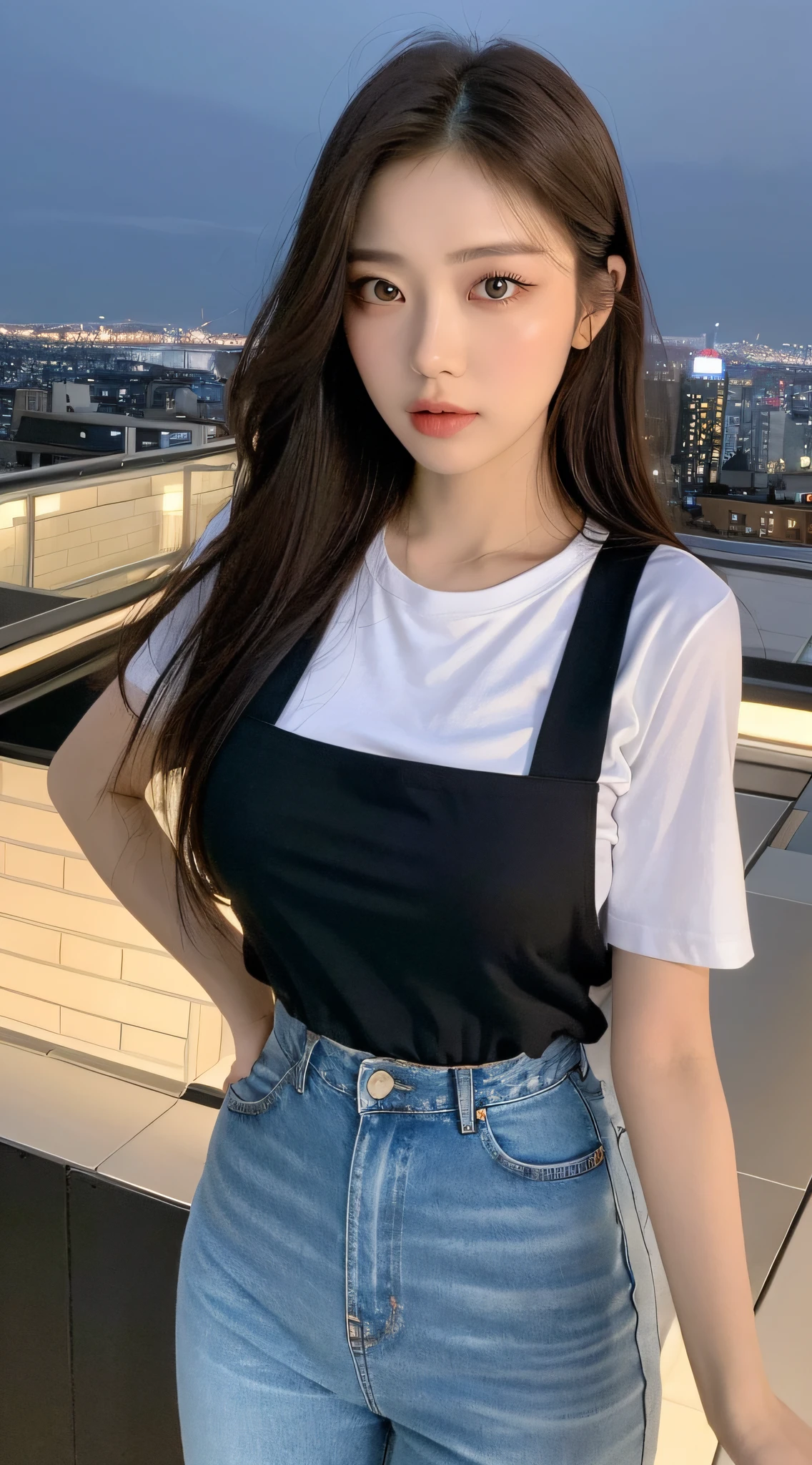 ((Midnight, Best quality, 8k, Masterpiece :1.3)), Whole body, Long legs, Sharp focus :1.2, A pretty woman with perfect figure :1.4, Slender abs :1.1, ((Dark brown hair,Gigantic breasts :1.2)), (White tight tshirt, Jean bib, Standing:1.2), ((Night city view, Rooftop:1.3)), Highly detailed face and skin texture, Detailed eyes, Double eyelid