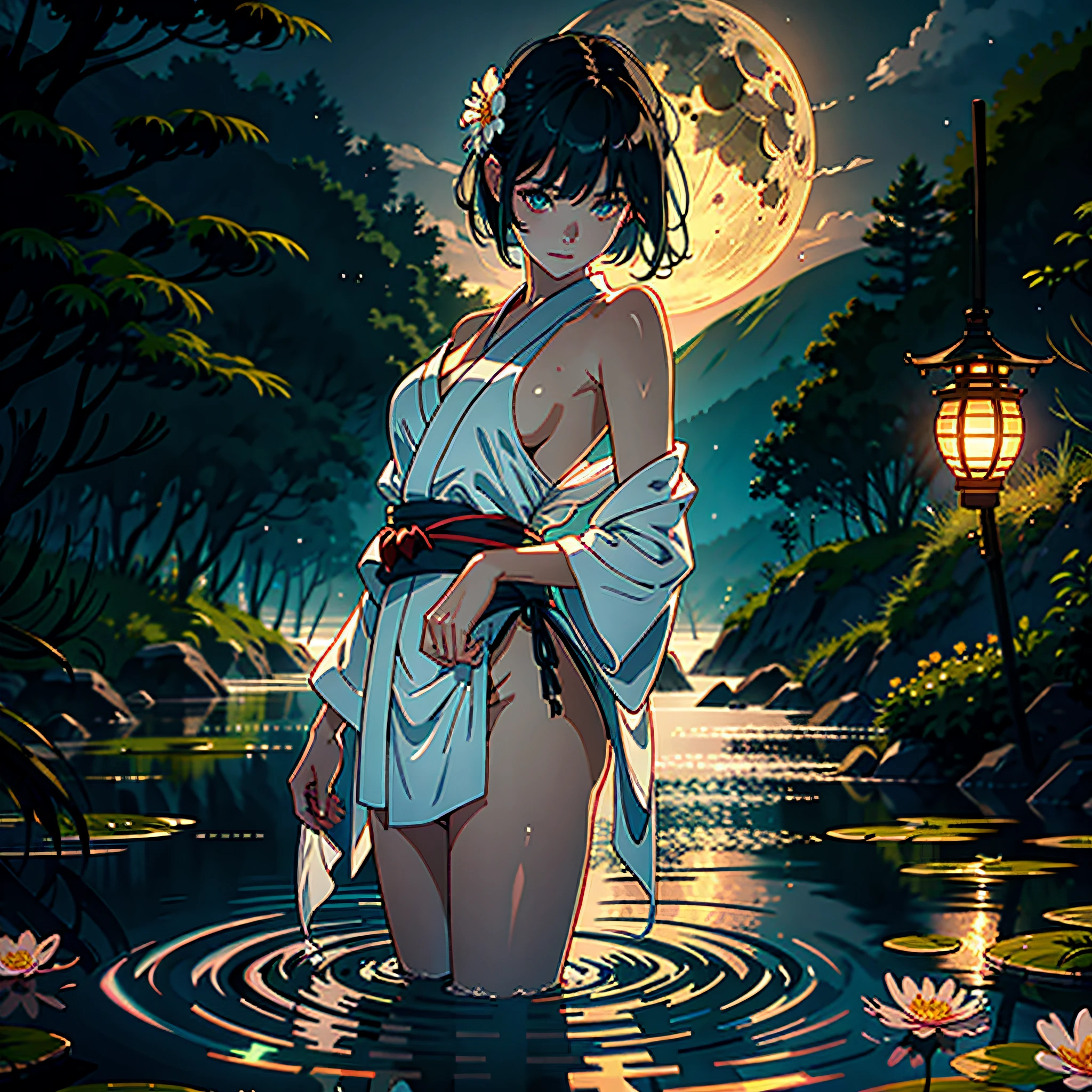 1girl,breasts,moon,lantern,night,solo,largebreasts,hairornament,wet,kimono,japaneseclothes,wading,water,hairflower,flower,outdoors,sky,fullmoon,rain,blackhair,offshoulder,mountain,cloud,holding,sash,bareshoulders,paperlantern,standing,whitekimono,nightsky,sideboob,obi,wetclothes,bangs,tree,fromside,reflection,shorthair,cloudysky,wethair{{(masterpiece),(extremelydetailedCGunity8kwallpaper),bestquality,,solo,1girl,cinematiclighting,detailedbackground,beautifuldetailedeyes,brightpupils,(anextremelydelicateandbeautiful),(Beautifulanddetailedeyedescription),ultra-detailed,masterpiece,}},