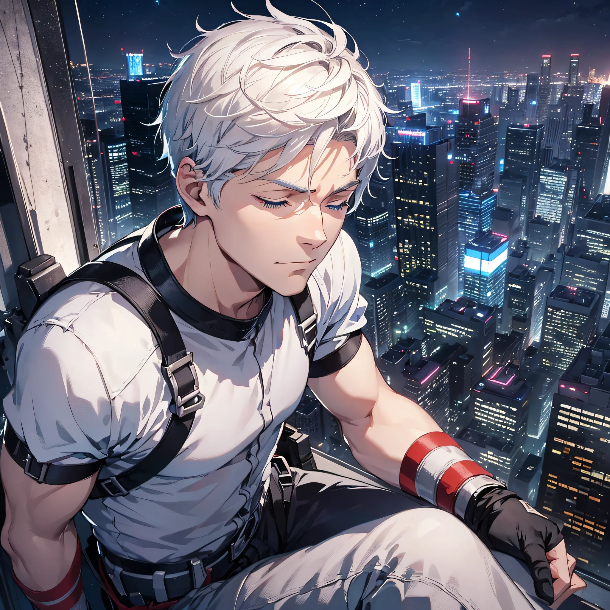 Handsome man, short white hair, blue eyes, climbing gear, sitting on the edge of the roof, eyes closed, thinking, close-up of face, looking down on the city, night