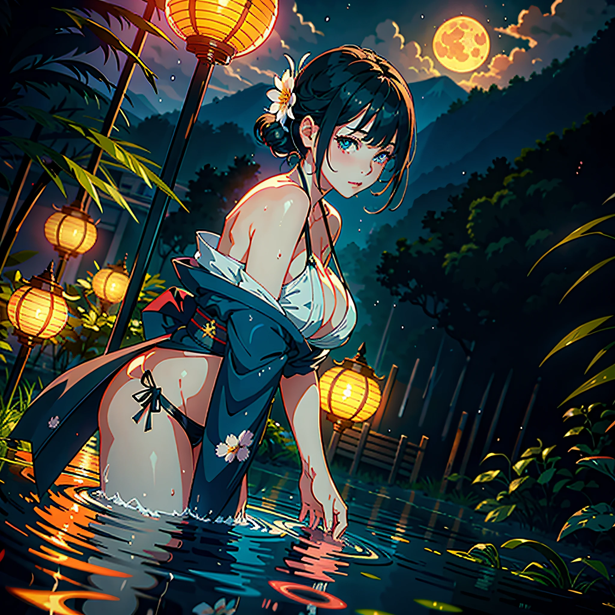 1girl,breasts,moon,lantern,night,solo,largebreasts,hairornament,wet,kimono,japaneseclothes,wading,water,hairflower,flower,outdoors,sky,fullmoon,rain,blackhair,offshoulder,mountain,cloud,holding,sash,bareshoulders,paperlantern,standing,whitekimono,nightsky,sideboob,obi,wetclothes,bangs,tree,fromside,reflection,shorthair,cloudysky,wethair{{(masterpiece),(extremelydetailedCGunity8kwallpaper),bestquality,,solo,1girl,cinematiclighting,detailedbackground,beautifuldetailedeyes,brightpupils,(anextremelydelicateandbeautiful),(Beautifulanddetailedeyedescription)，ultra-detailed,masterpiece,}},