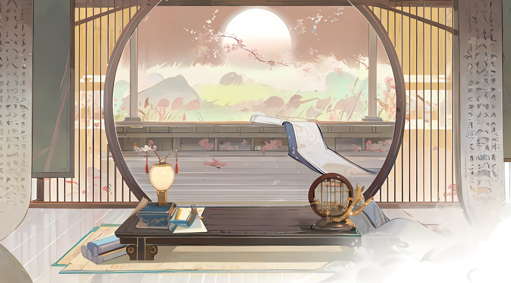 There is a painting of a room with table and chairs, paper material surface, background art, Onmyoji art, Zen temple background, background depicting temple, interior background art, anime background art, random background scene, background artwork, anime landscape concept art, 2D game environment design, temple background, relaxation concept art, landscape game concept art, alchemist library background, personal room background