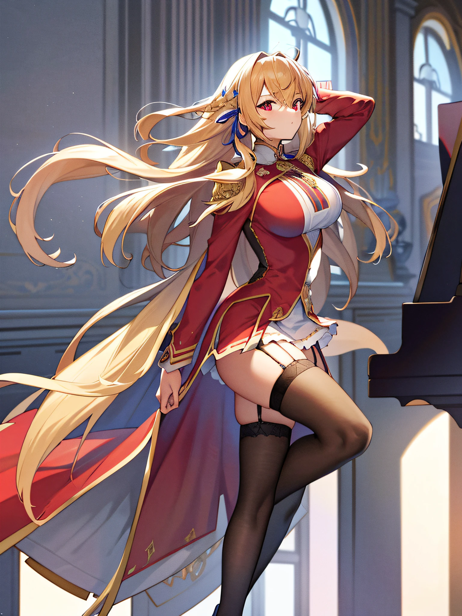 (hyper extreme detailed),(masterpeace),(hyper extreme),(photorealistic),CG,(colour:1.2), beautiful lighting,light from the front,solo,view straight on,indoor for castle, king_george_v,blonde hair, long hair, red eyes,blue hair ribbon,unbuttoned red dress, black undergarments, white miniskirt, thigh strap, stocking,