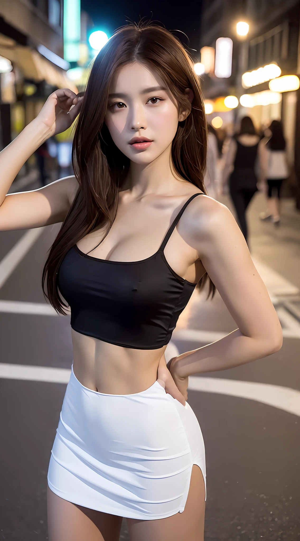 ((Realistic lighting, Best quality, 8K, Masterpiece: 1.3)), Light focus: 1.2, 1girl, Perfect figure: 1.4, Slim Abs: 1.1, ((Dark brown hair)), (White crop top: 1.4), (Outdoor, Night: 1.1), City streets, Super thin face, Thin eyes, Double eyelids, full fitness body, twerk dress, chester delicated features, perfect bikine model body features