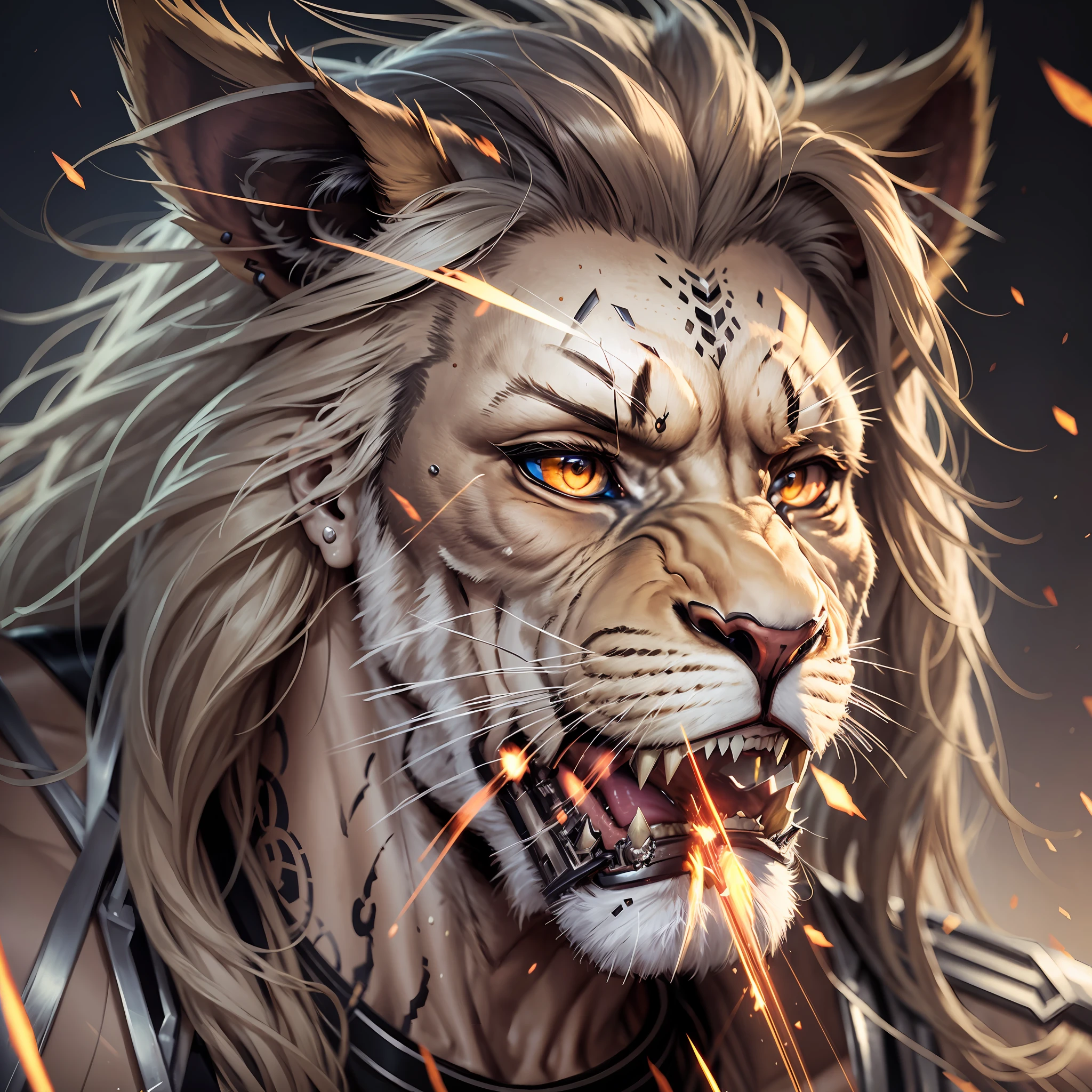 half of lion's face other half of man with details of cyborg --auto --s2