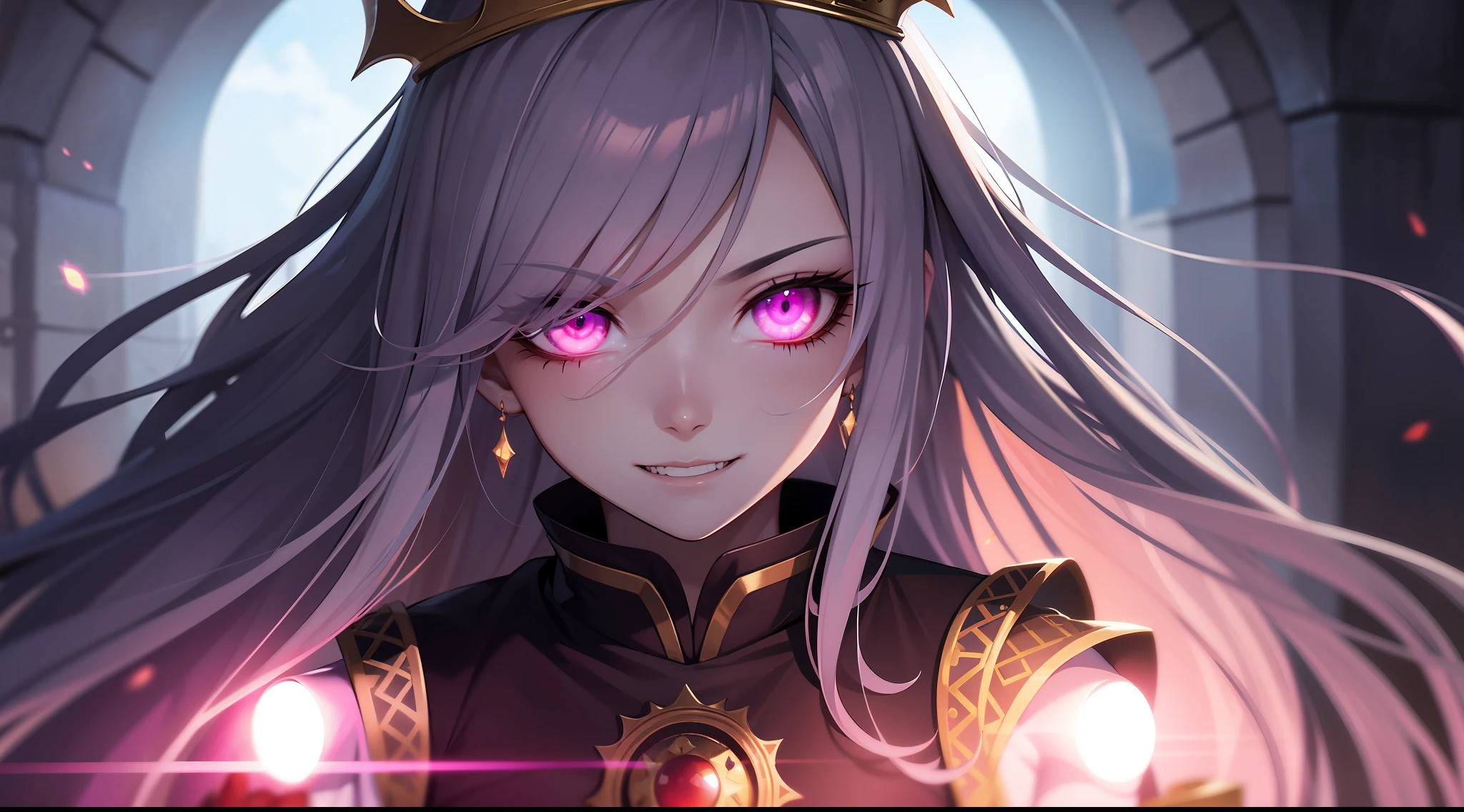Princesa das trevas , Bloody Eyes, crown, evil smile, anime style, lens flare, high detail, first-person view, cinematic lighting, masterpiece, super detail, best quality, 8k, UHD, dark mode