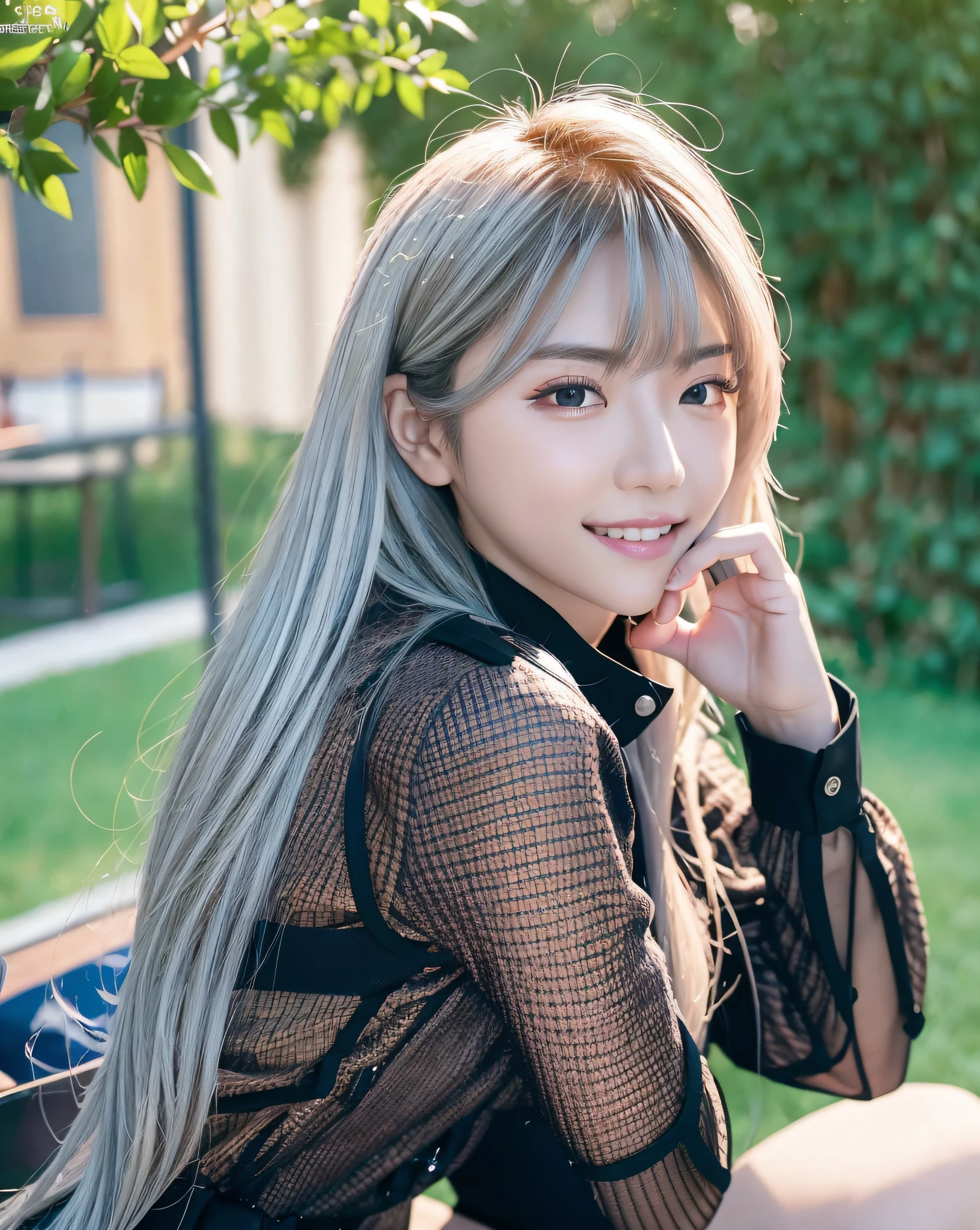 NSFW, (8k, best quality, master:1.2), (realistic, photo-realistic:1.37), super detailed, 1 girl, view, cute, beautiful detailed sky, detailed café, evening, sitting, dating, (nose red), sitting at the table, afternoon tea on the table, (smile: 1.15), (shut up) medium chest, beautiful delicate eyes, (collared shirt: 1.1), daytime, sun, professional wear, rain, white lace, (long hair: 1.4), silver NovaFrogStyle, uniform, white skin, movie lights, sunlight, street lights, (av actress: 4), full body shot, (coffee table: 1), (handbag: 1), ulzzang -6500-v1.1:0.3, karinak-4501-6300 :1.2