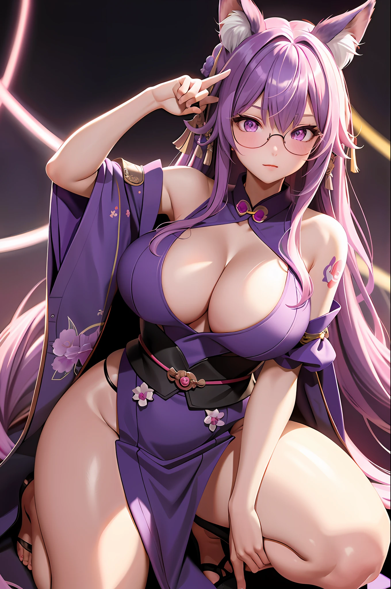 Masterpiece, Best Quality, Multiple Girls, Tits, 2Girls, Yae Witch, Raiden Shogun, Purple Eyes, Pink Hair, Japanese Costume, Purple Hair, Big Breasts, Long Hair, Cleavage, Hair Accessories, Thighs, Purple Kimono, Stockings, Bangs, Animal Ears, Sleeve Removal, Fox Ears, Wide Sleeves, Kimono, Moon, Weapon, Braid, (KBXLL: 0.8), Glasses, Exposed Armpits, Squat, Kneeling, Two Girls, Tattoos