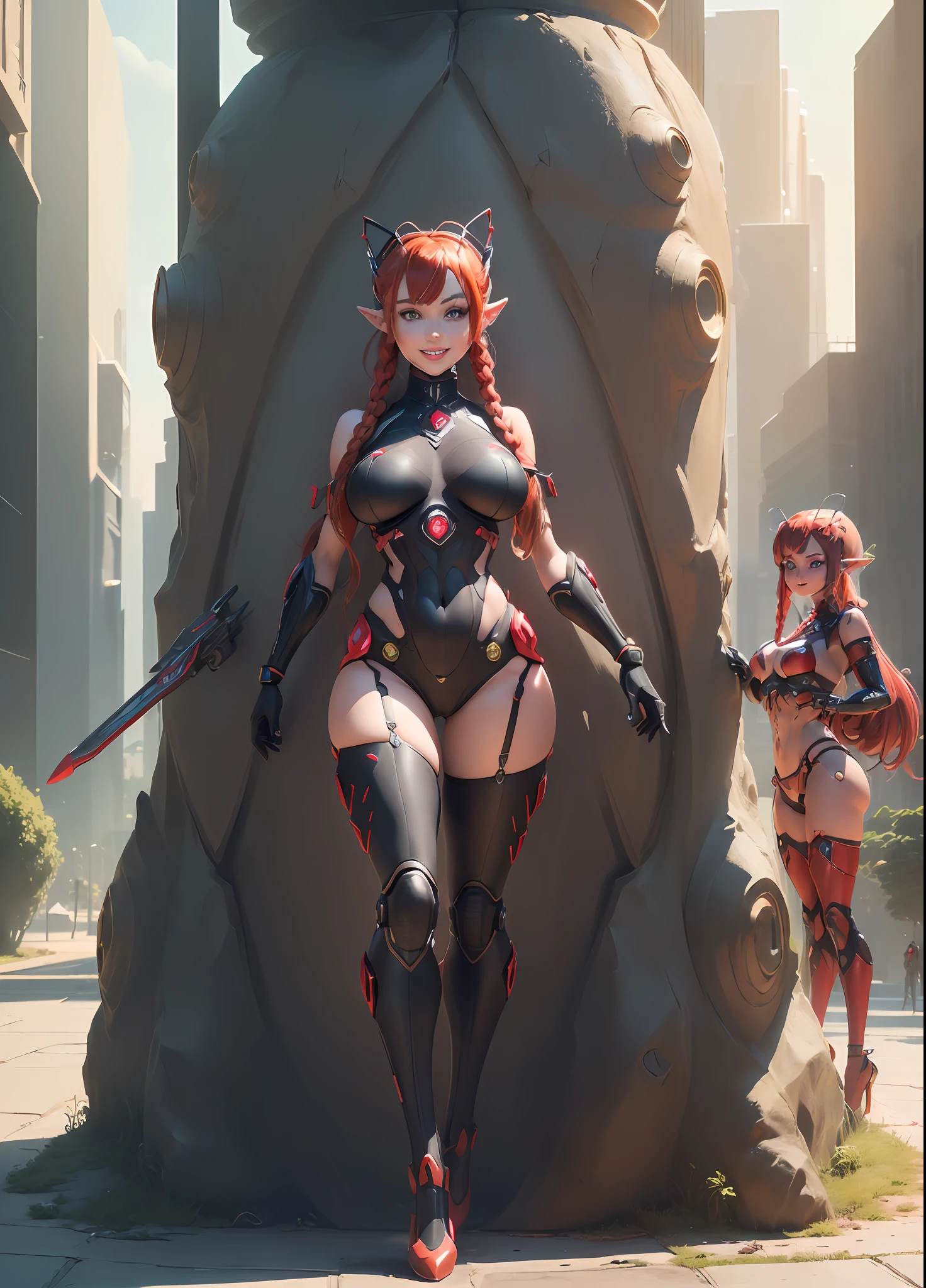 (((Full body,Princess Zelda as humanoid ant with antennae, large breasts, [red and black/bionic ant body suit with weapons attached], looking at the viewer, smile, face with red cheek, red lipstick on her mouth, she has short red hair with braids and green eyes, she is in a futuristic city, 16k, highres, best quality, award-winning,  high details, anatomically correct, masterpiece, UHD, ccurate, retina)))